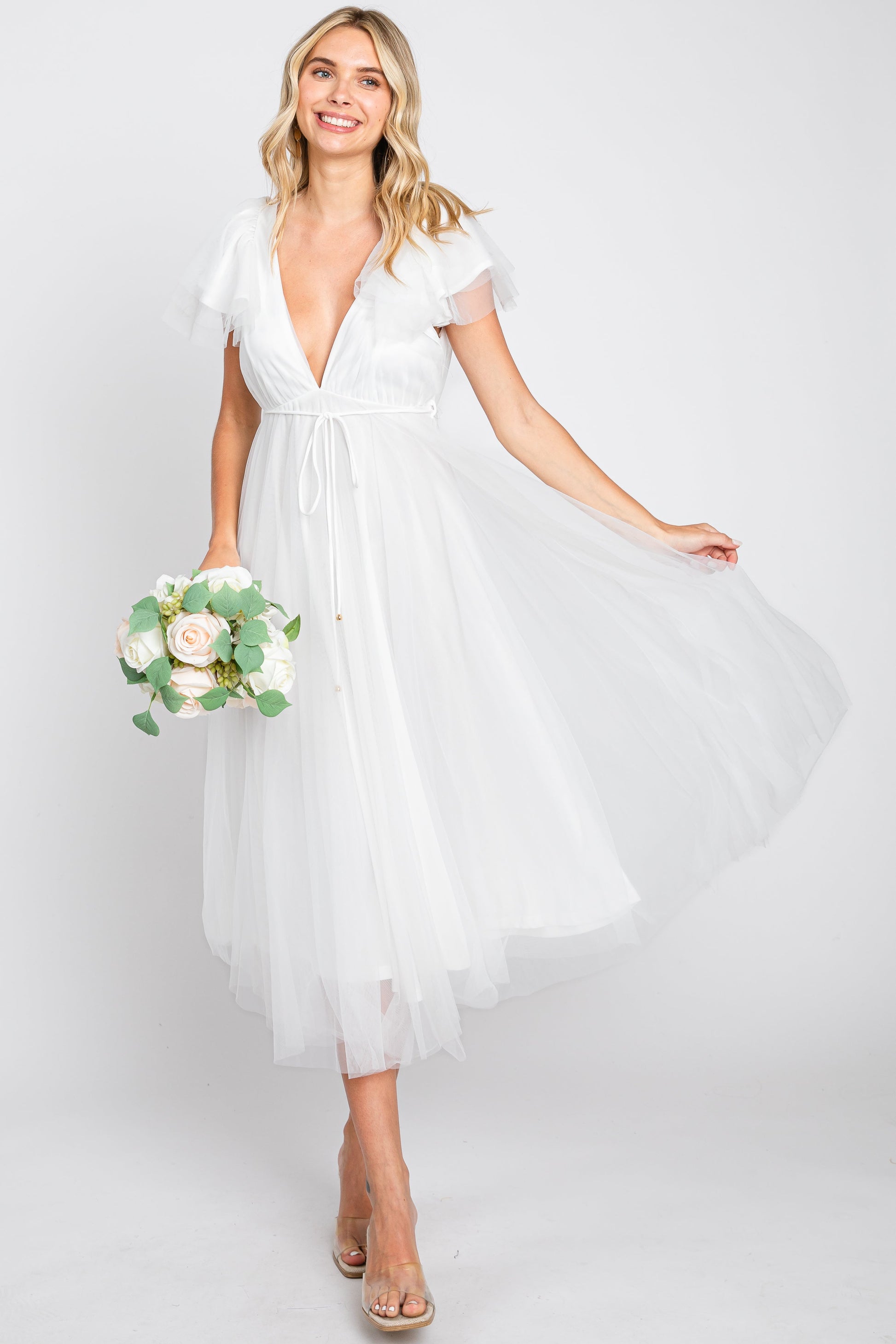 White Tulle V-Neck Flutter Sleeve Midi Dress The Prissy Pelican White Tulle V-Neck Flutter Sleeve Midi Dress The Prissy Pelican