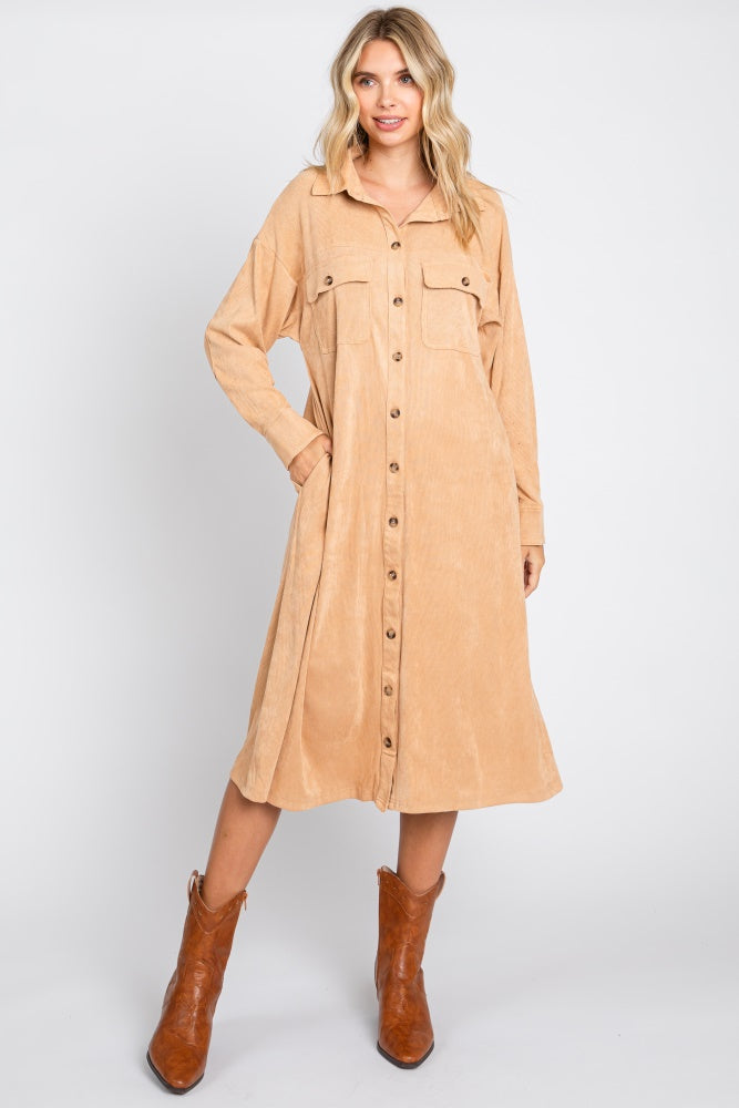 camel knitted midi dress Camel Knit Corduroy Button Down Midi Dress Small