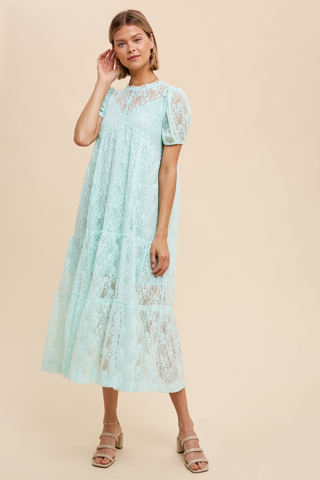 Mint Lace Tiered Maternity Midi Dress Mint Lace Tiered Maternity Midi Dress