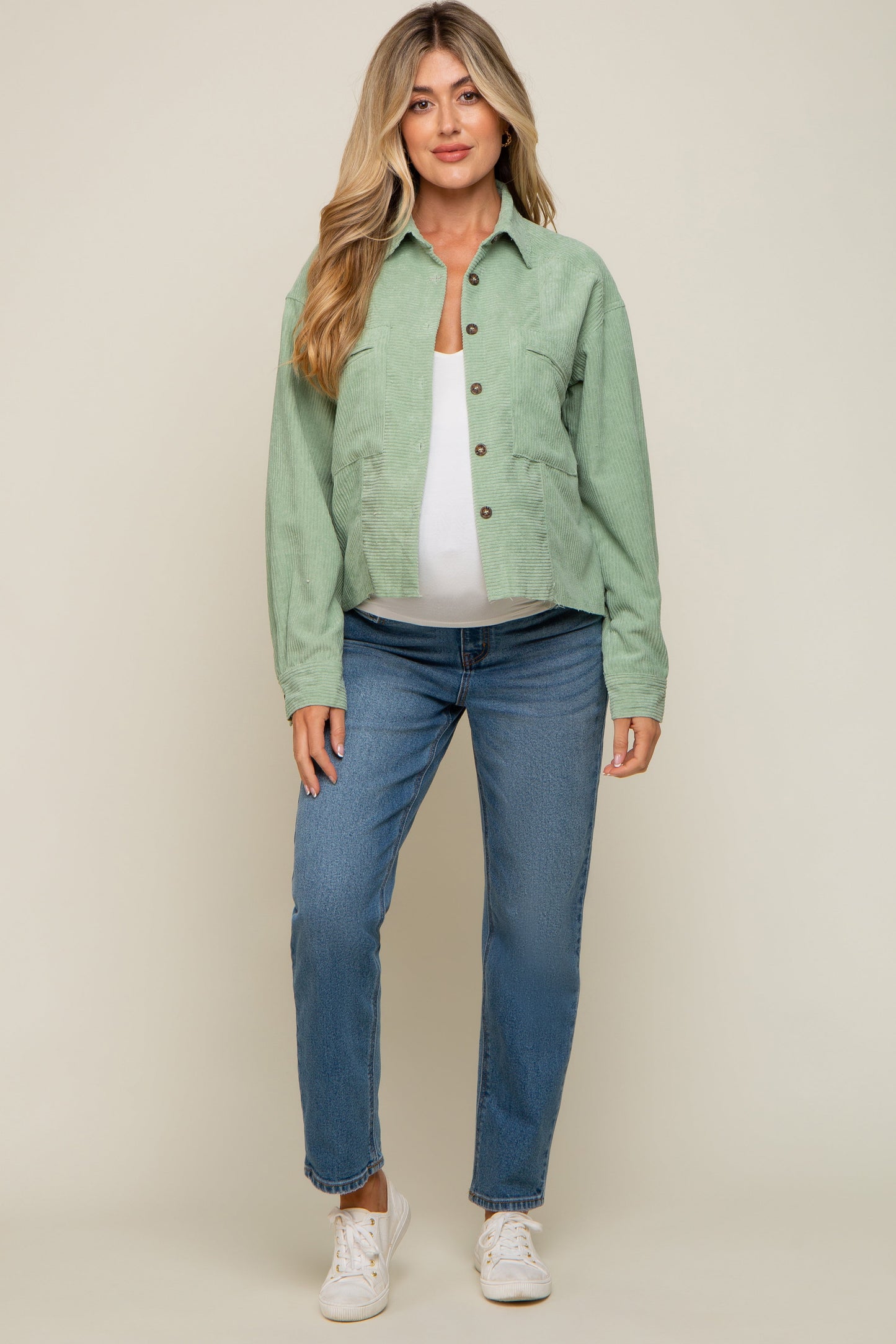 Green Corduroy Raw Hem Maternity Shacket