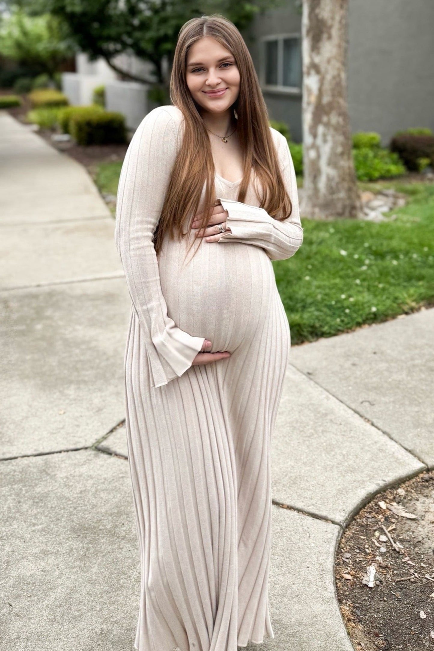 Taupe Ribbed Maternity Knit Maxi Dress