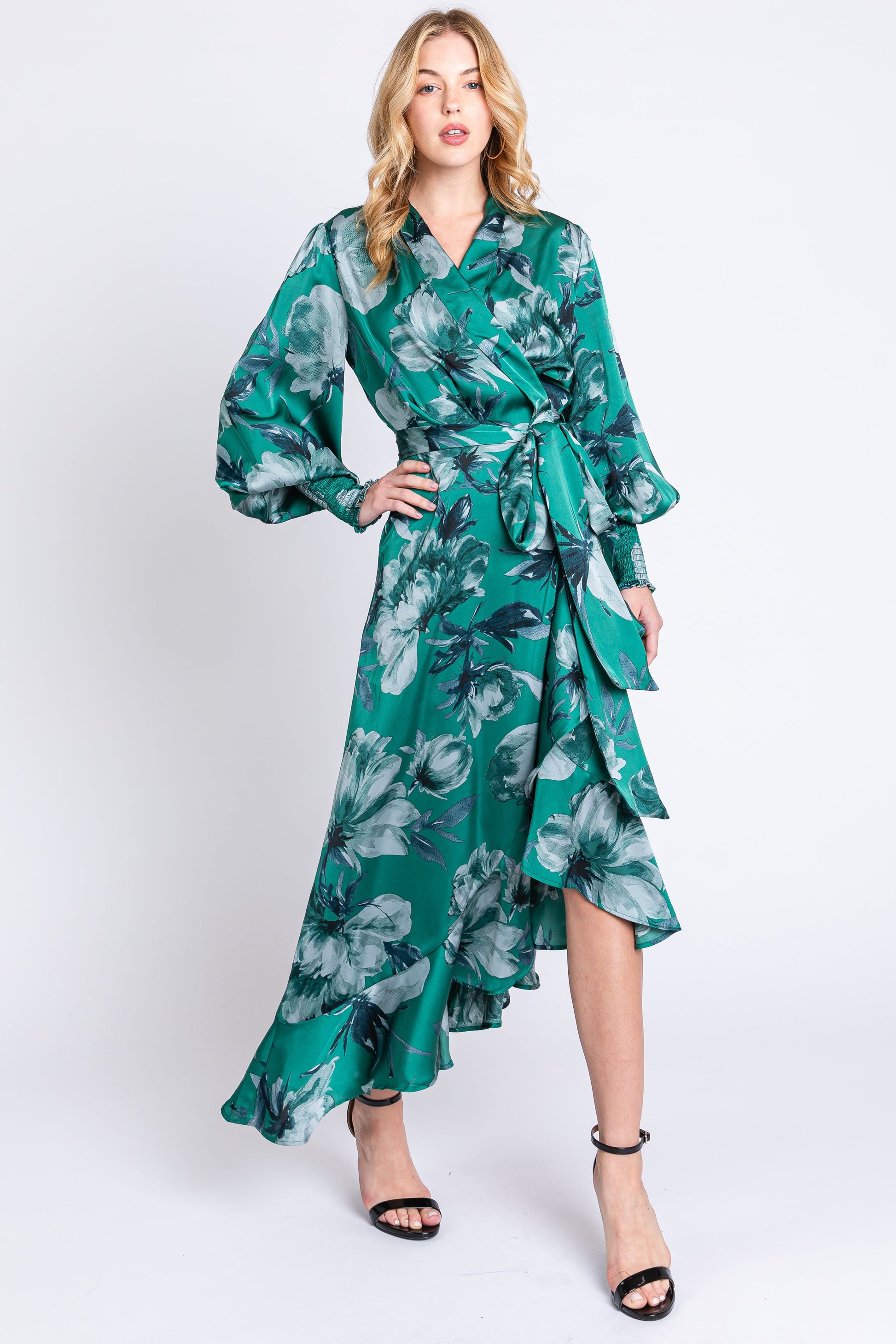 Green Satin Asymmetrical Flounce Trim Maternity Midi Dress Medium Green Satin Asymmetrical Flounce Trim Maternity Midi Dress Medium