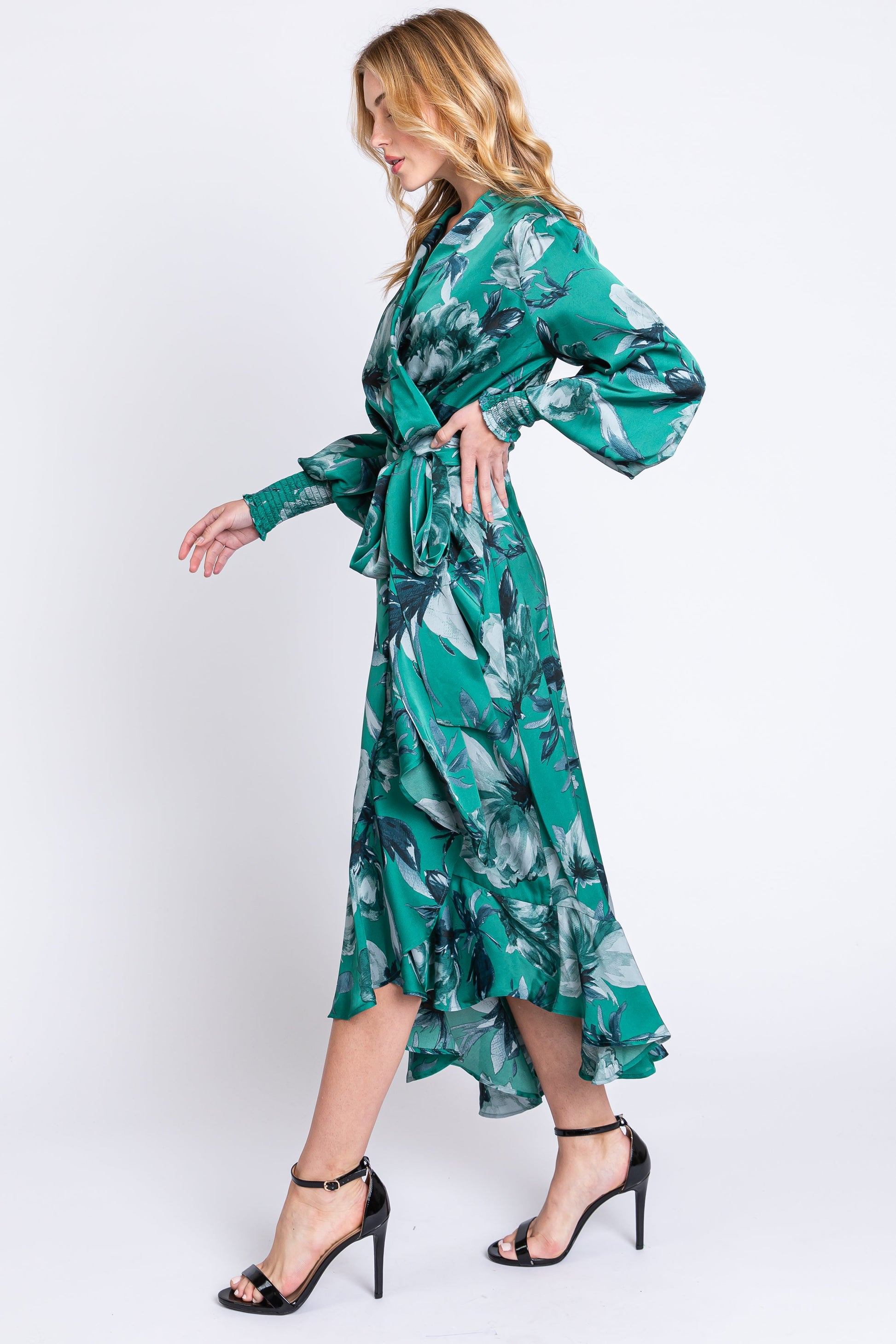 Green Satin Asymmetrical Flounce Trim Maternity Midi Dress Medium Green Satin Asymmetrical Flounce Trim Maternity Midi Dress Medium