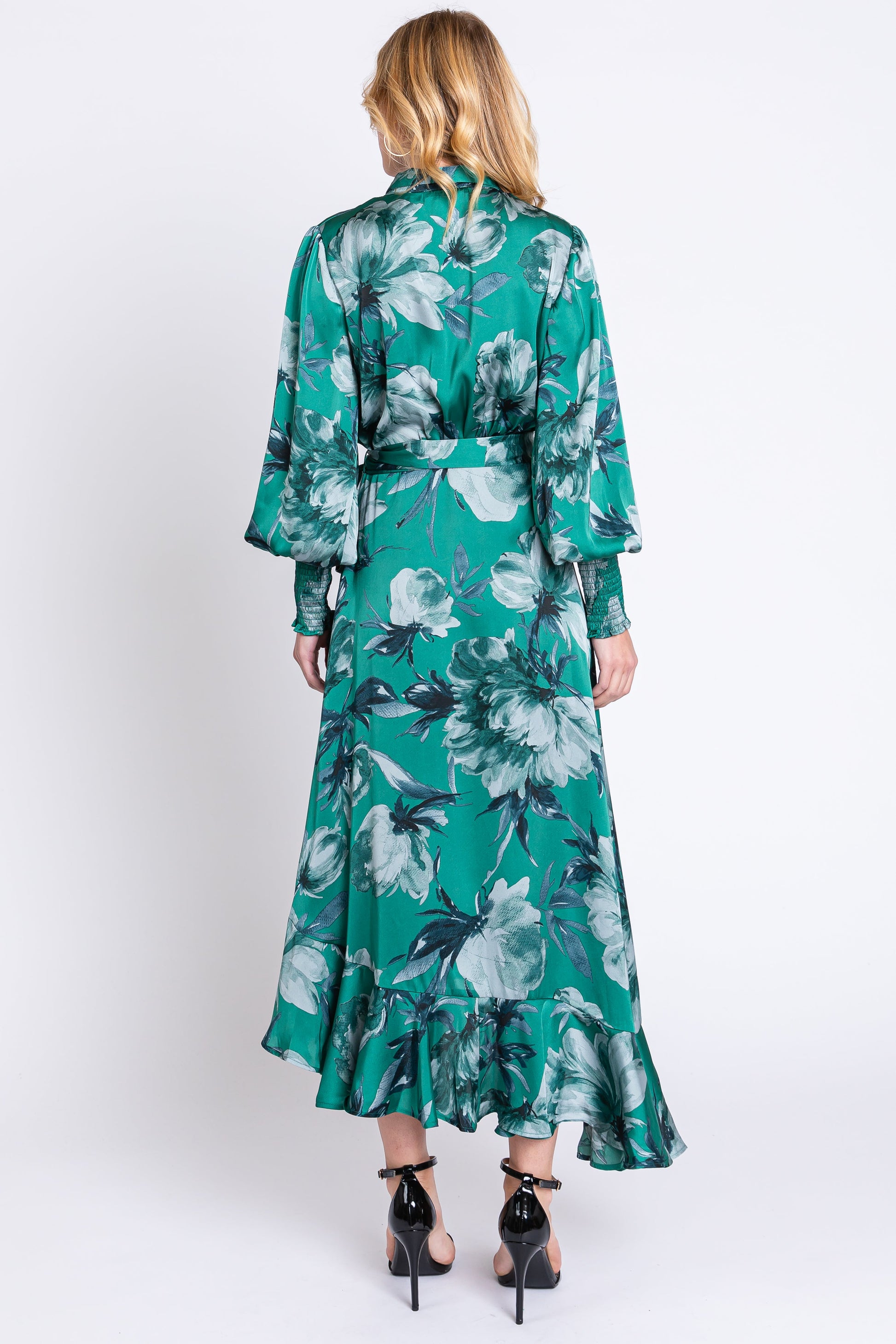 Green Satin Asymmetrical Flounce Trim Midi Dress The Prissy Pelican Green Satin Asymmetrical Flounce Trim Midi Dress The Prissy Pelican