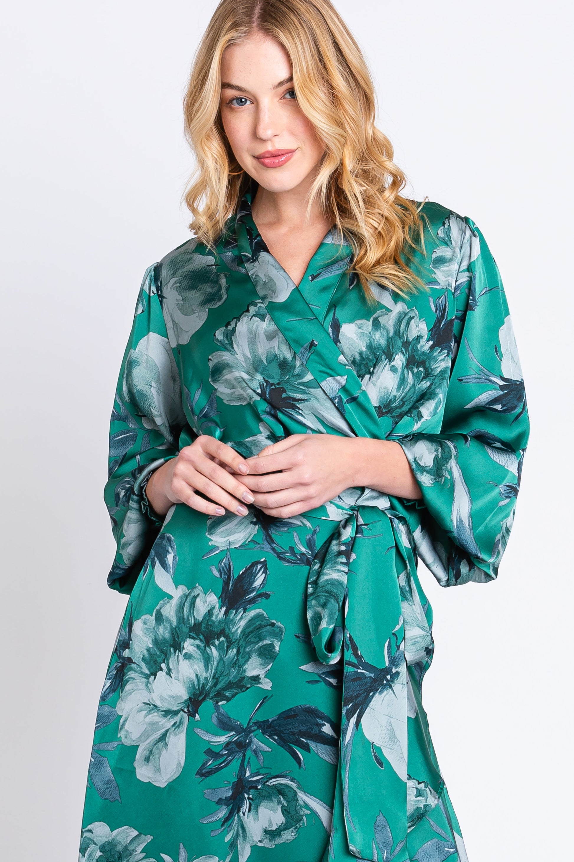 Green Satin Asymmetrical Flounce Trim Maternity Midi Dress Medium Green Satin Asymmetrical Flounce Trim Maternity Midi Dress Medium