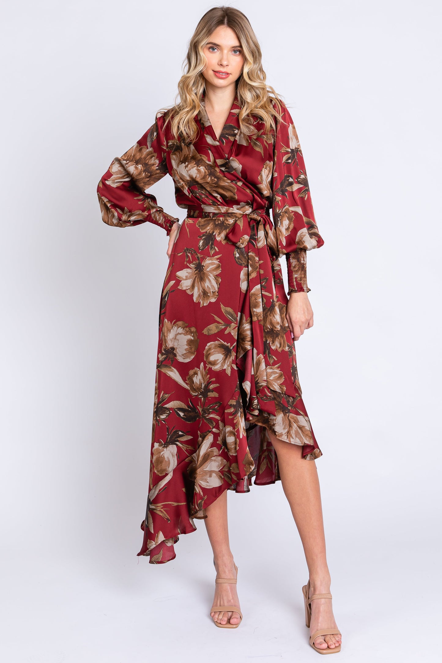 Burgundy Satin Asymmetrical Flounce Trim Maternity Midi Dress