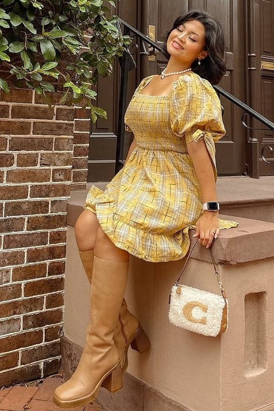Gold Plaid Plaid Smocked Mini Dress