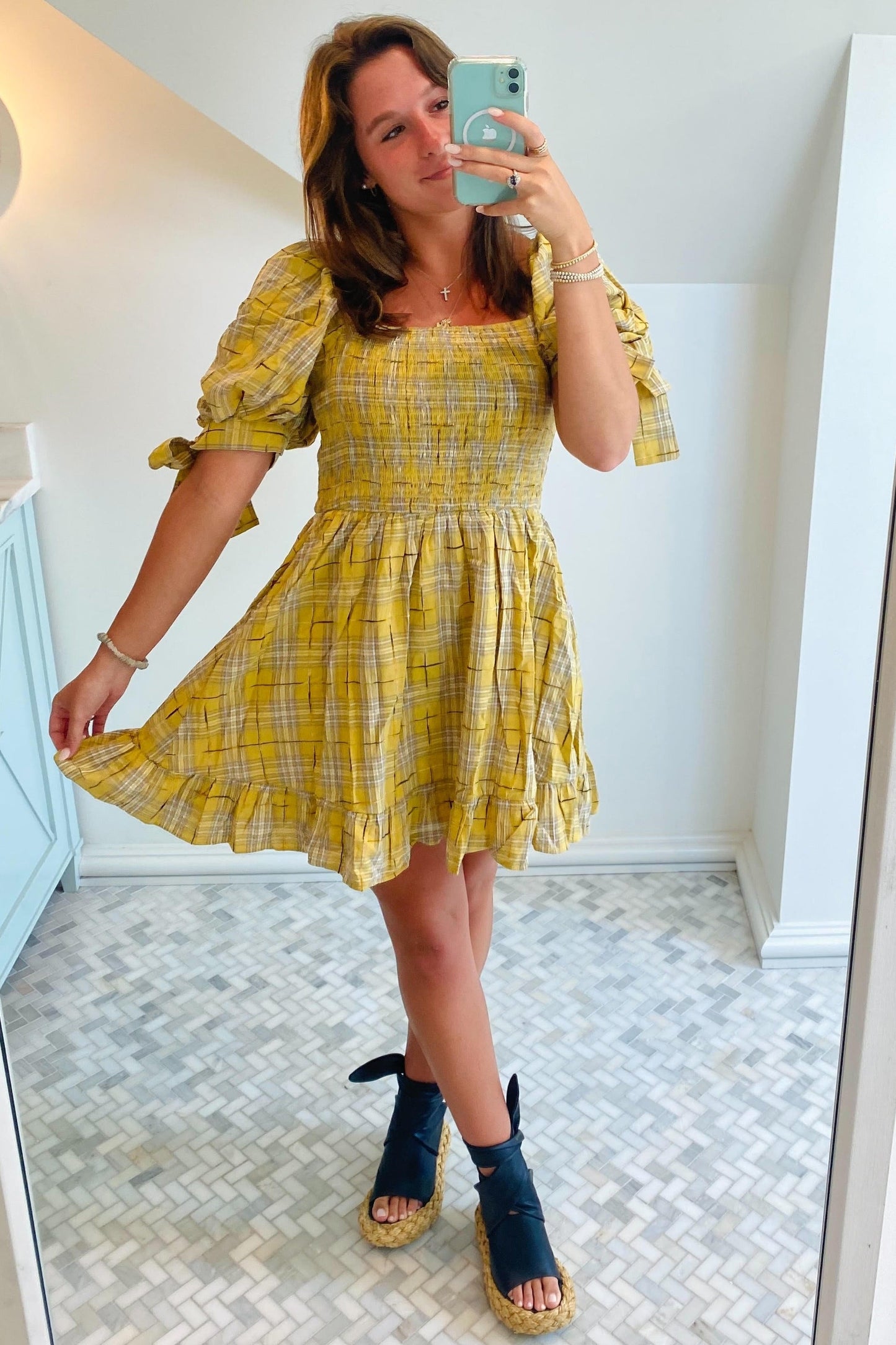 Gold Plaid Plaid Smocked Mini Dress