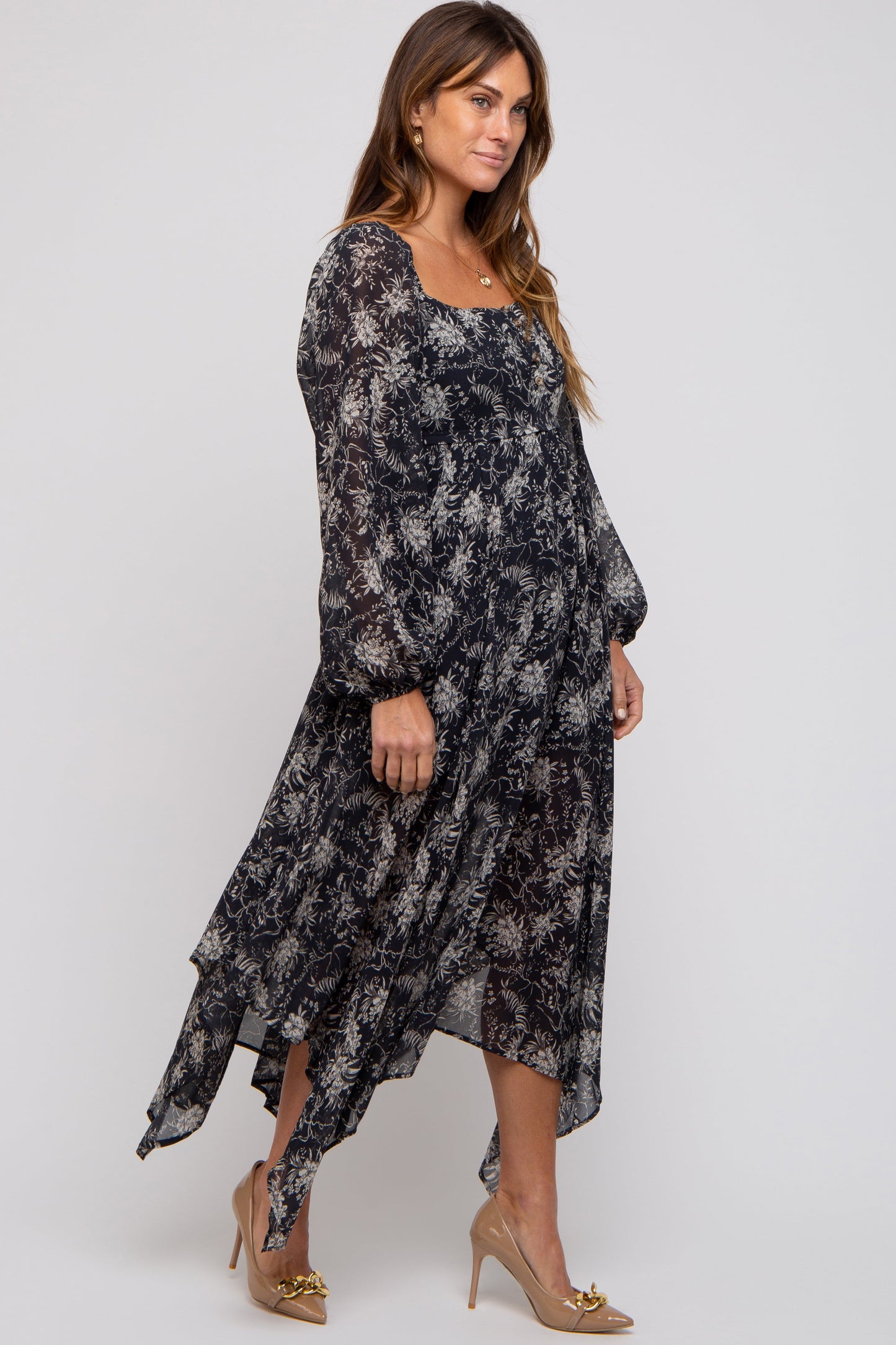 Charcoal Floral Chiffon Square Neck Button Front Midi Dress