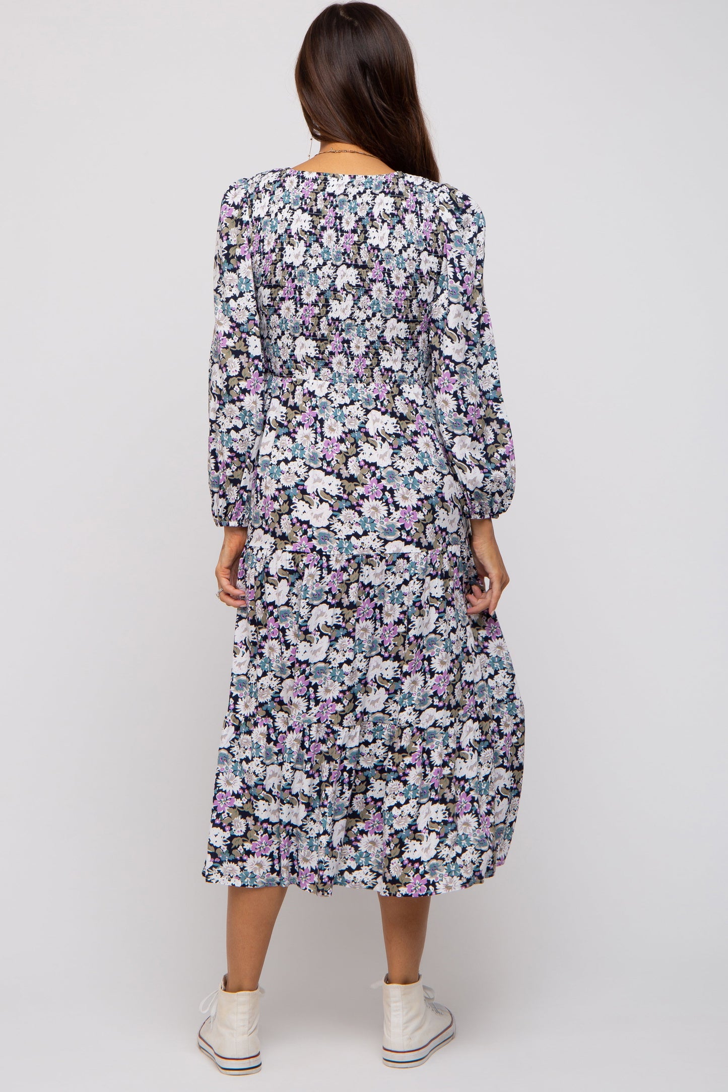 Black Floral Smocked Tiered Maternity Midi Dress