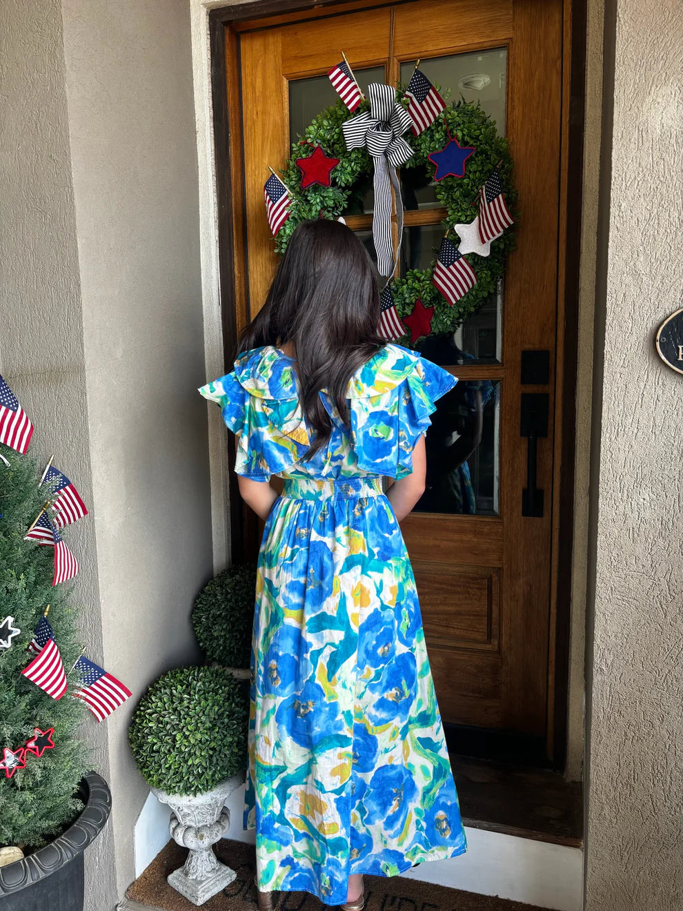 Umgee Floral Maxi Dress – Ruffle Sleeve Watercolor Print (Size Large) Blue