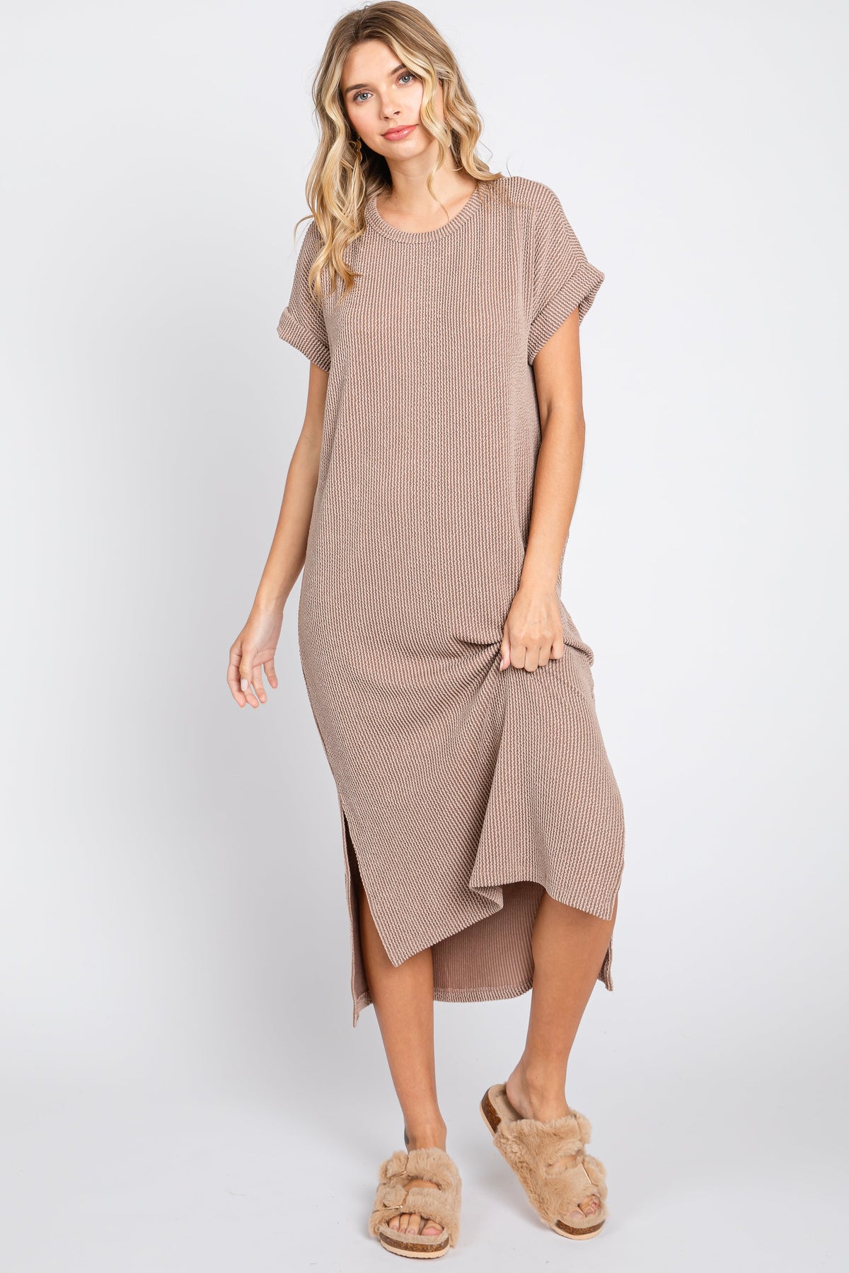 Mocha Ribbed Short Sleeve Midi Dress