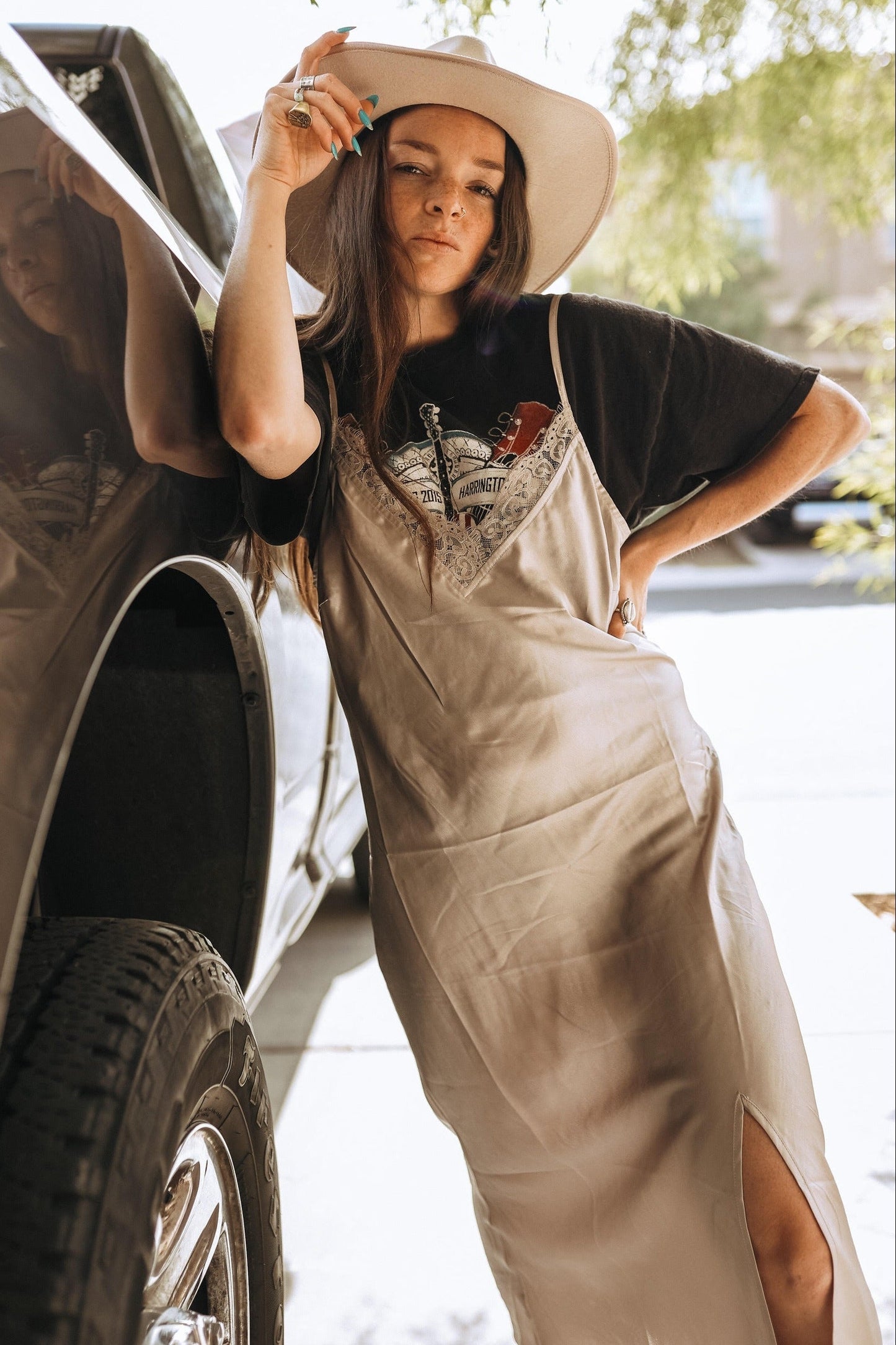 Champagne Lace Trim V Neck Satin Midi Slip Dress