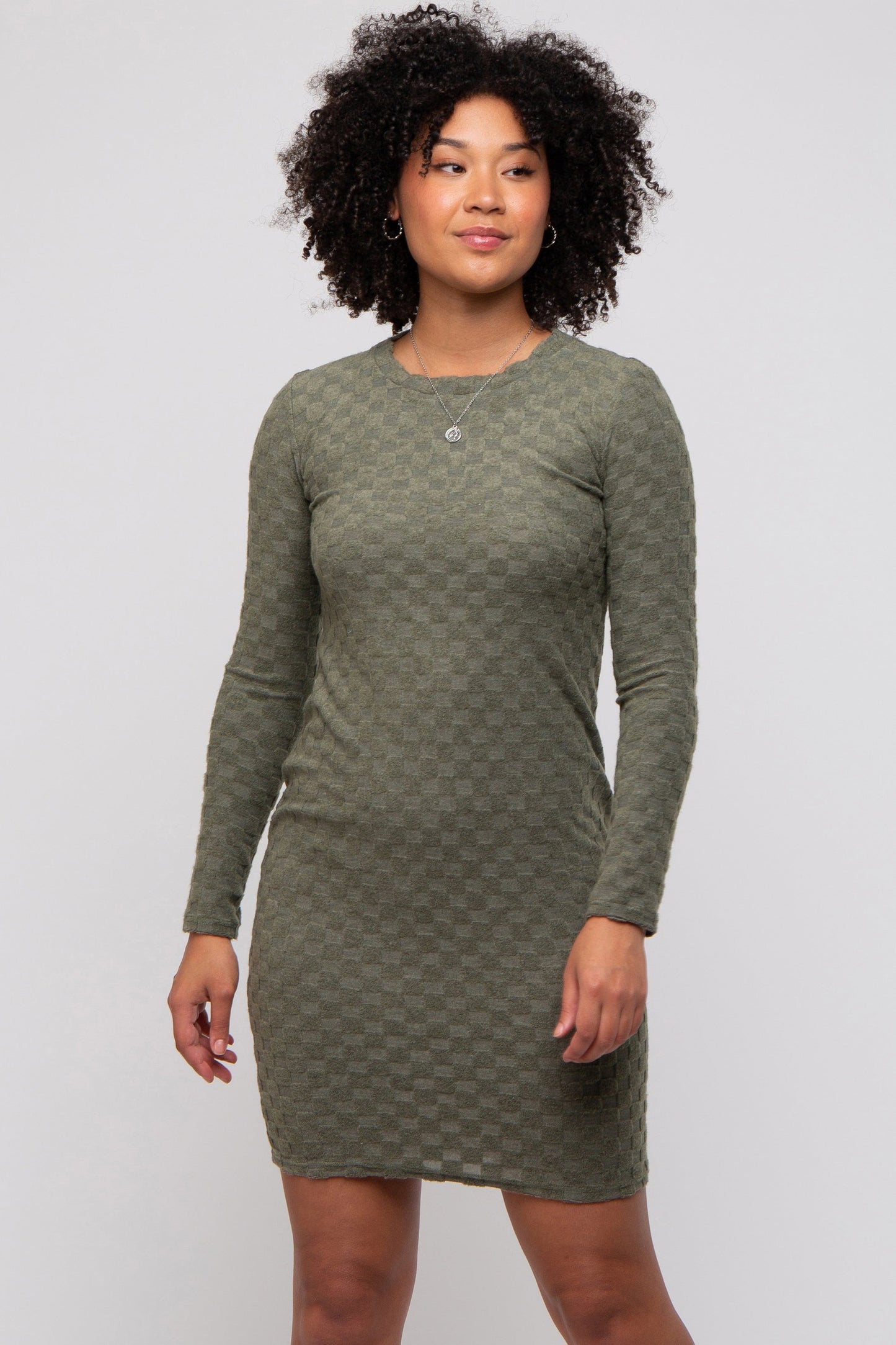 Olive Soft Brushed Knit Long Sleeve Dress