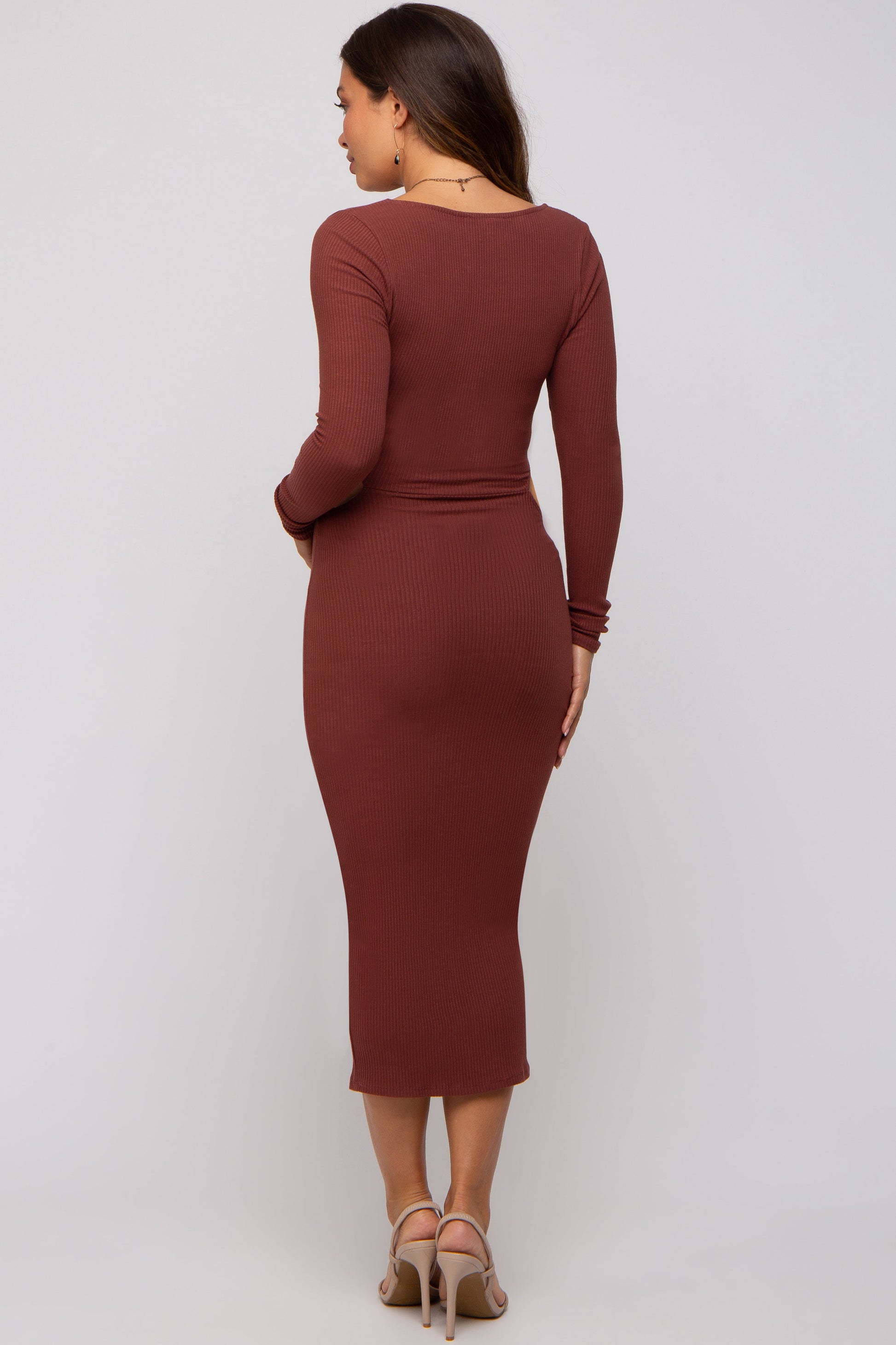 Brown Rib Knit Side Cutout Maternity Midi Dress Brown Rib Knit Side Cutout Maternity Midi Dress