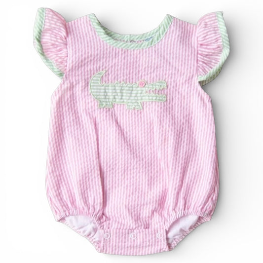 Alligator Appliqué Baby Girl Bubble Romper
