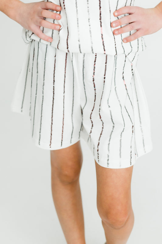 Maroon and Silver Sequin Striped Shorts