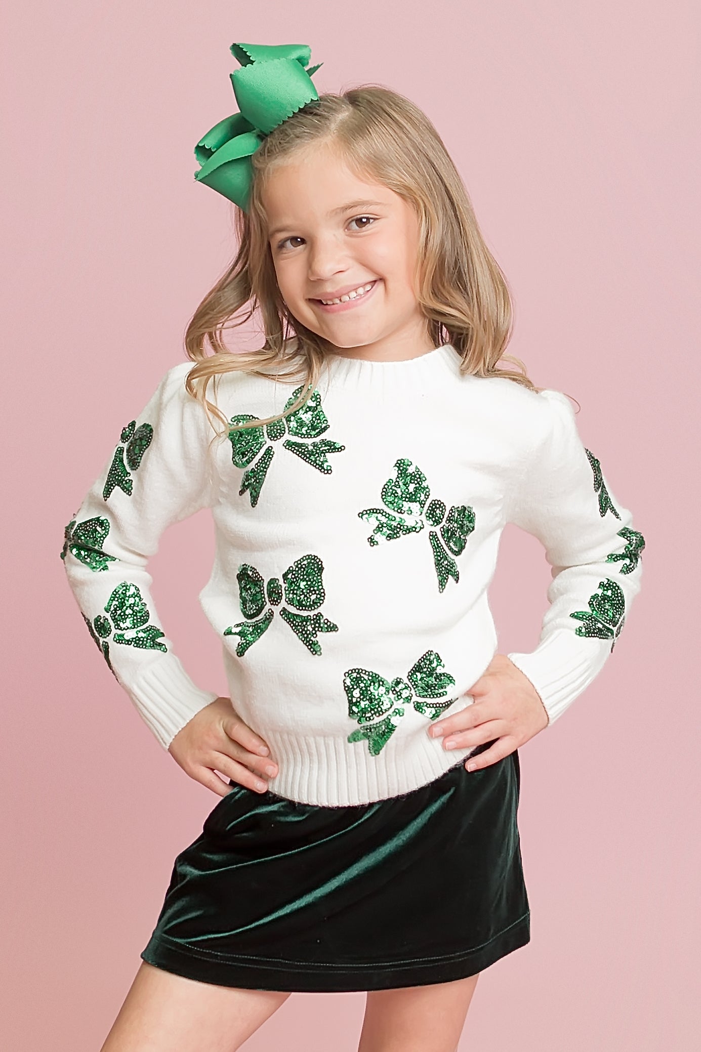 Green Bows Cream Sweater