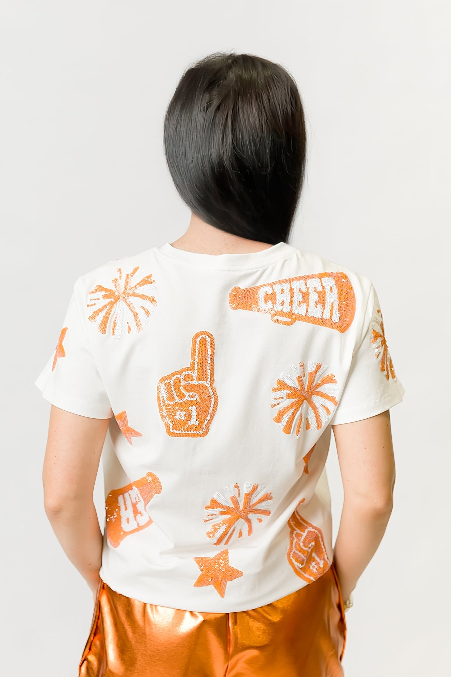 Women's Orange & White Cheer Sequin Tee