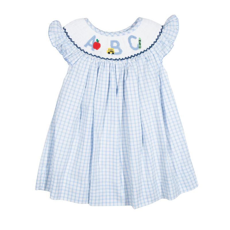 Girls ABC Smocked Dress – Light Blue Gingham Back-to-School Bishop Dress | The Prissy Pelican Boutique Bossier City, LA
