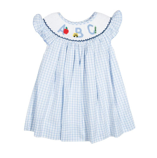 Girls ABC Smocked Dress – Light Blue Gingham Back-to-School Bishop Dress | The Prissy Pelican Boutique Bossier City, LA