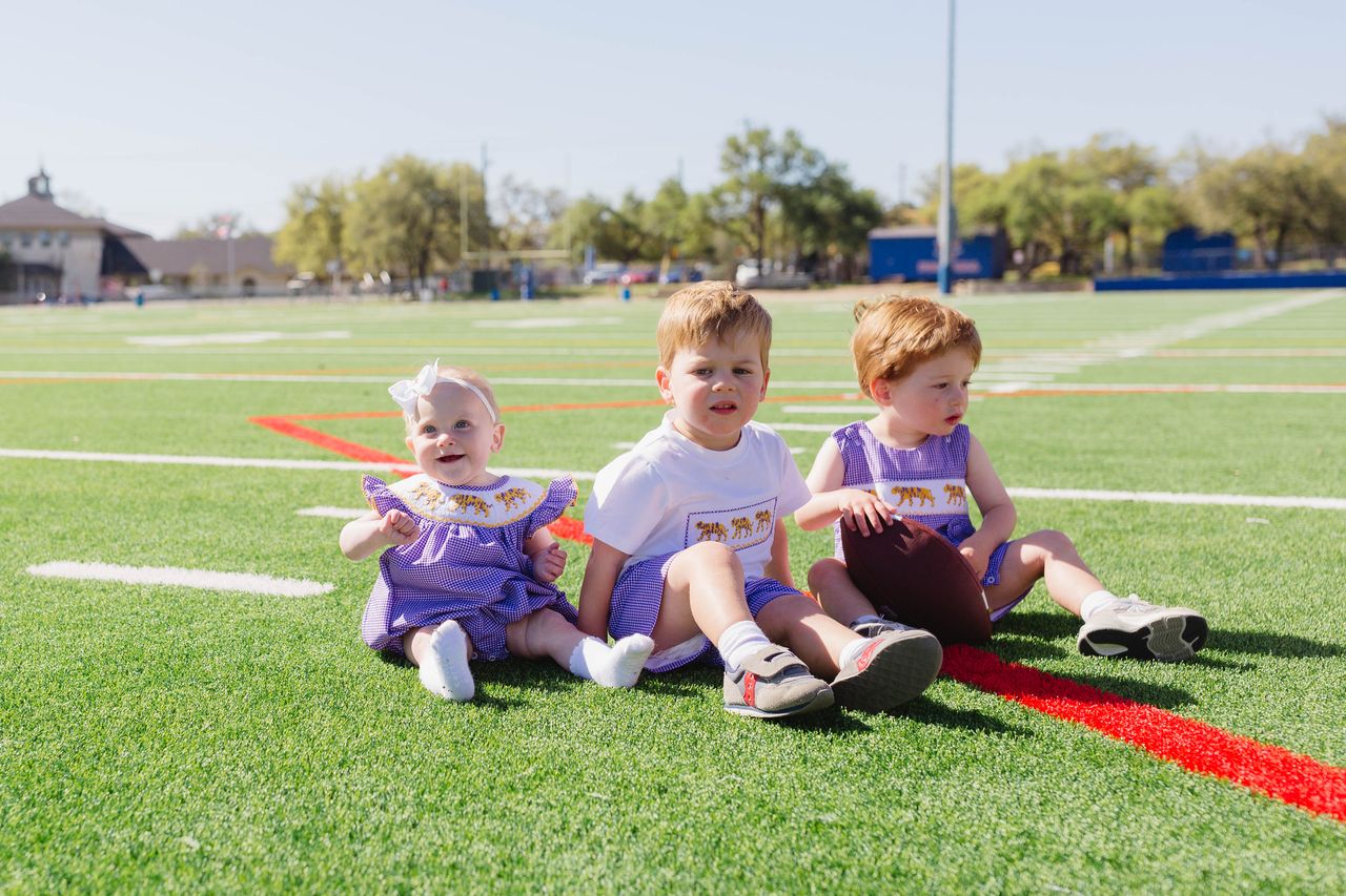 Boys Purple Tiger Smocked Jon Jon – LSU-Inspired Baby & Toddler Game Day Jon Jon | The Prissy Pelican Boutique Bossier City, LA