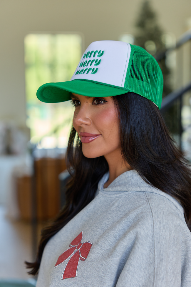 Merry Repeat White/Kelly Green Embroidered Trucker Hat
