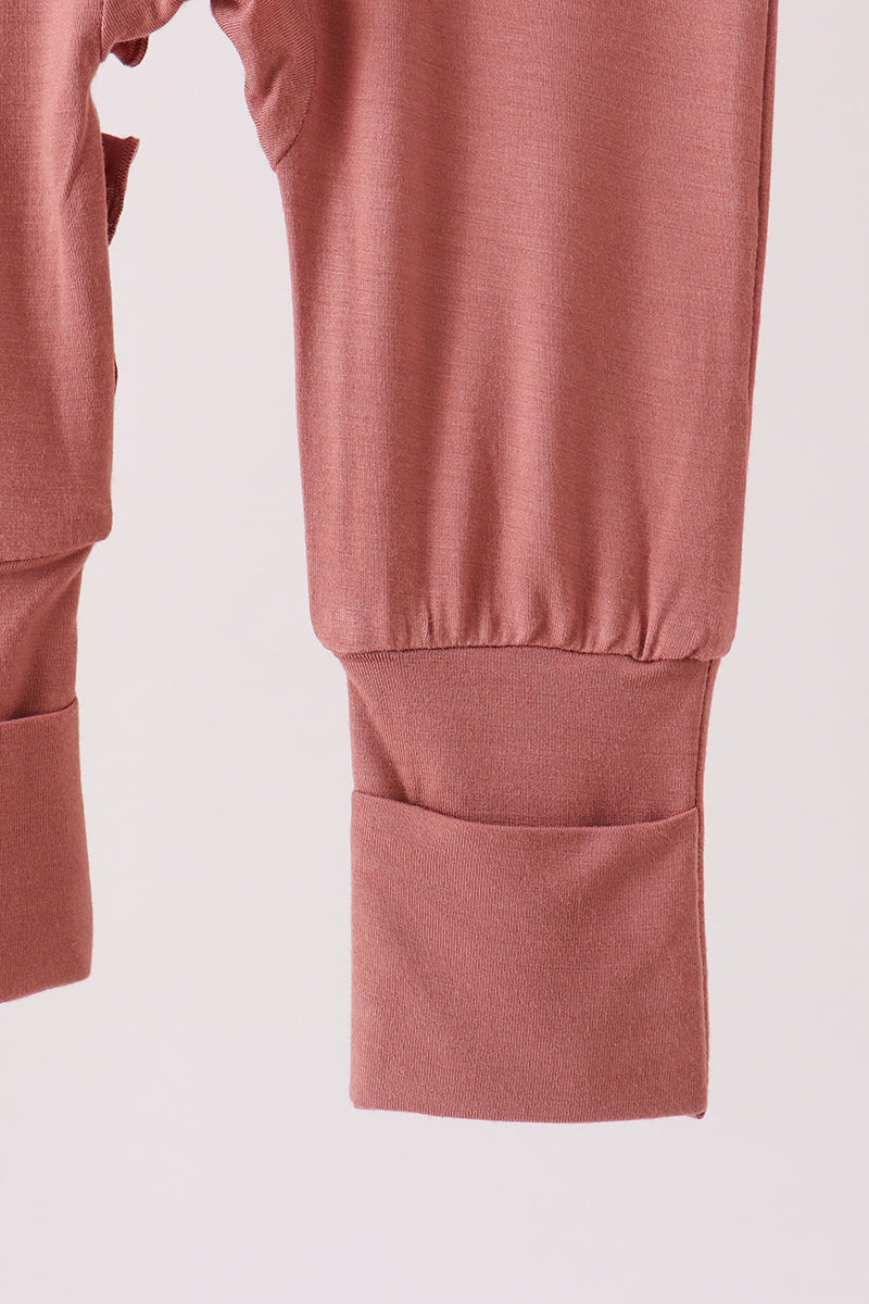 Dusty rose ruffle zipper bamboo romper