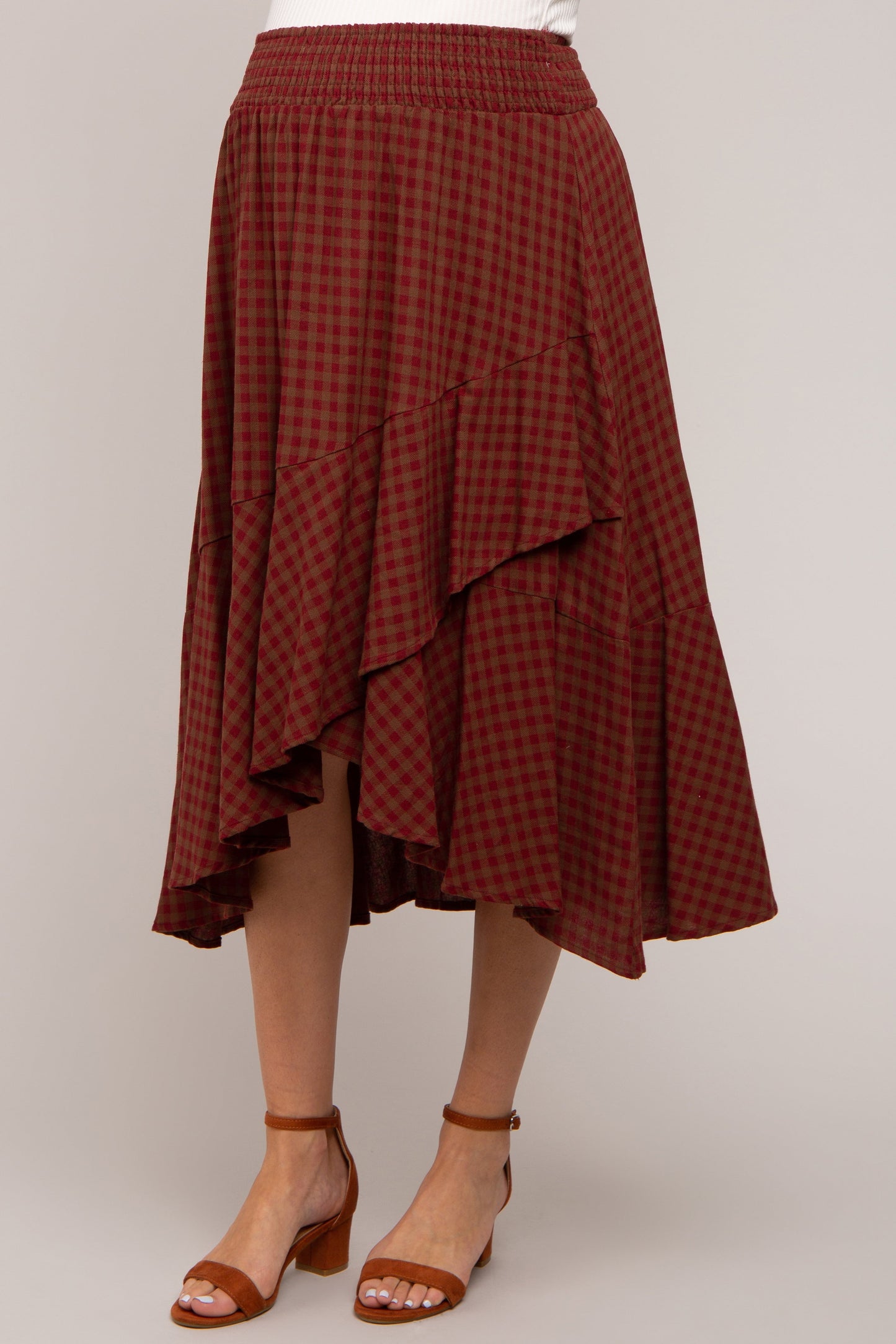 Burgundy Plaid Ruffle Maternity Midi Skirt