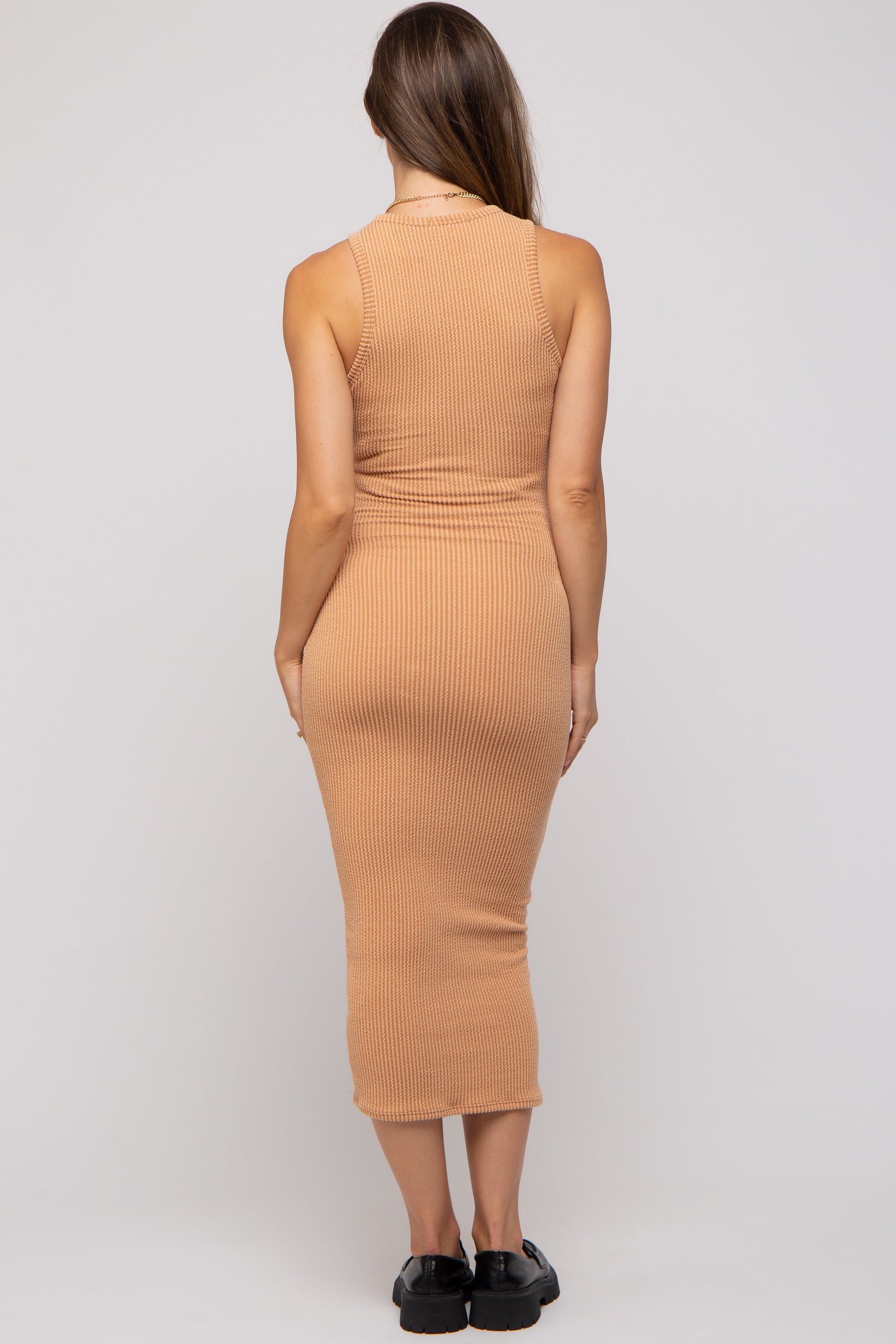 Camel Ribbed Maternity Fitted Midi Dress Camel Ribbed Maternity Fitted Midi Dress