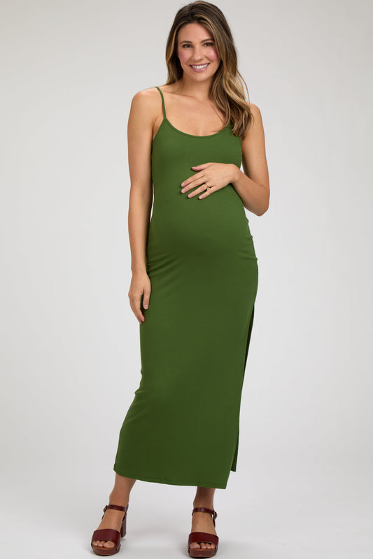 Green Ribbed Sleeveless Side Slit Maternity Dress