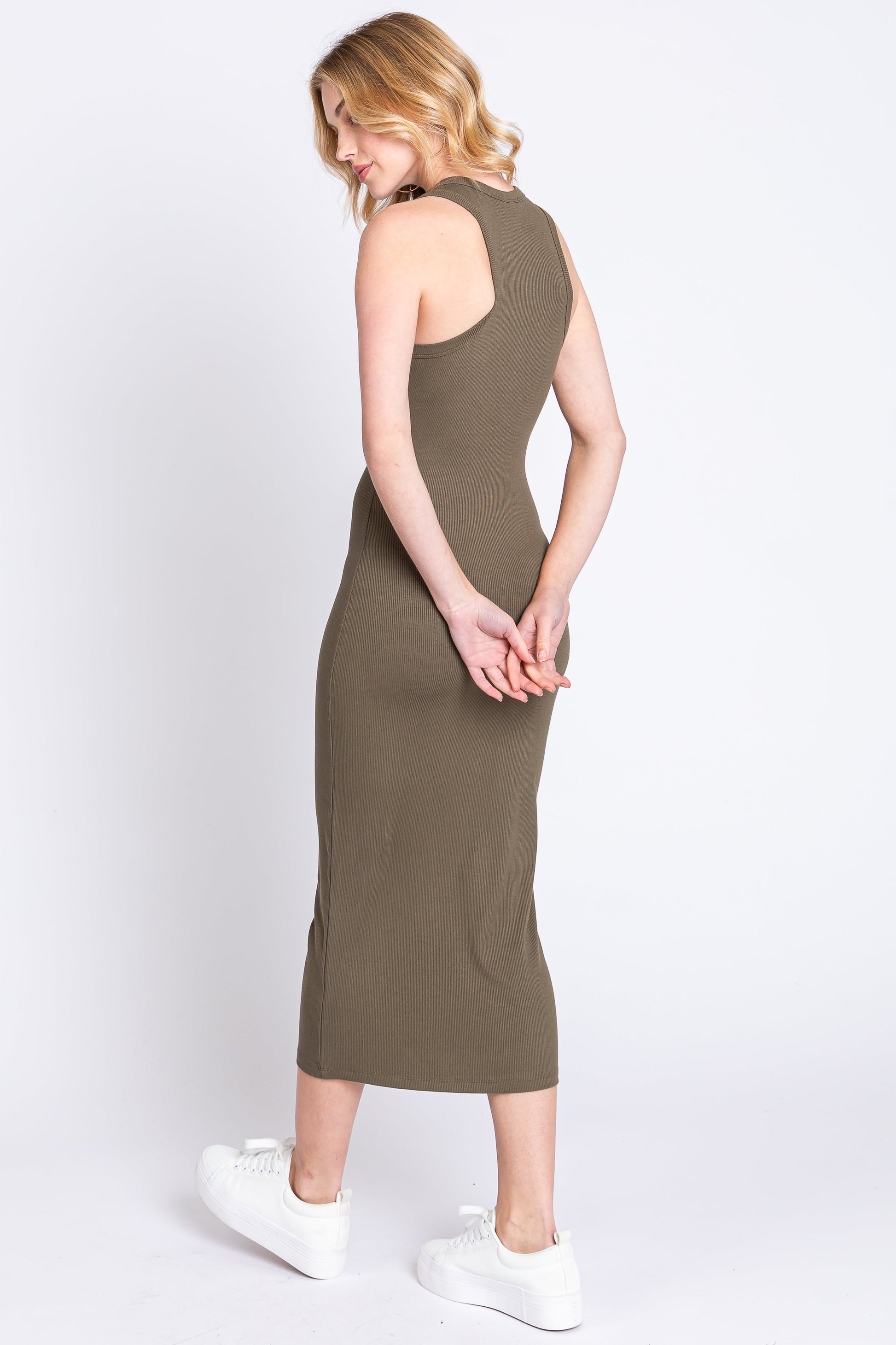 Olive Sleeveless Ribbed Fitted Maternity Midi Dress Olive Sleeveless Ribbed Fitted Maternity Midi Dress