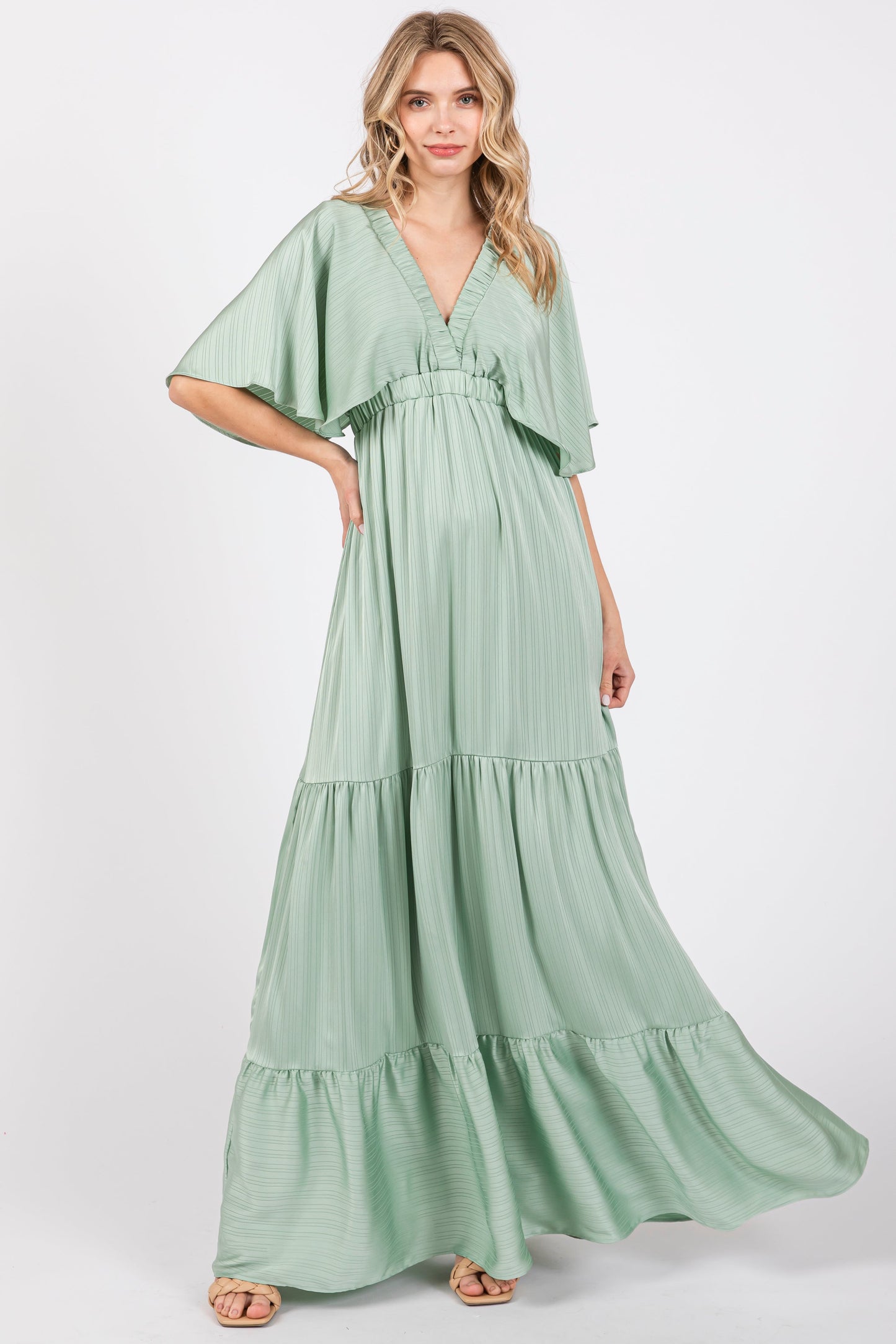 Mint V-Neck Flutter Sleeve Tiered Maxi Dress