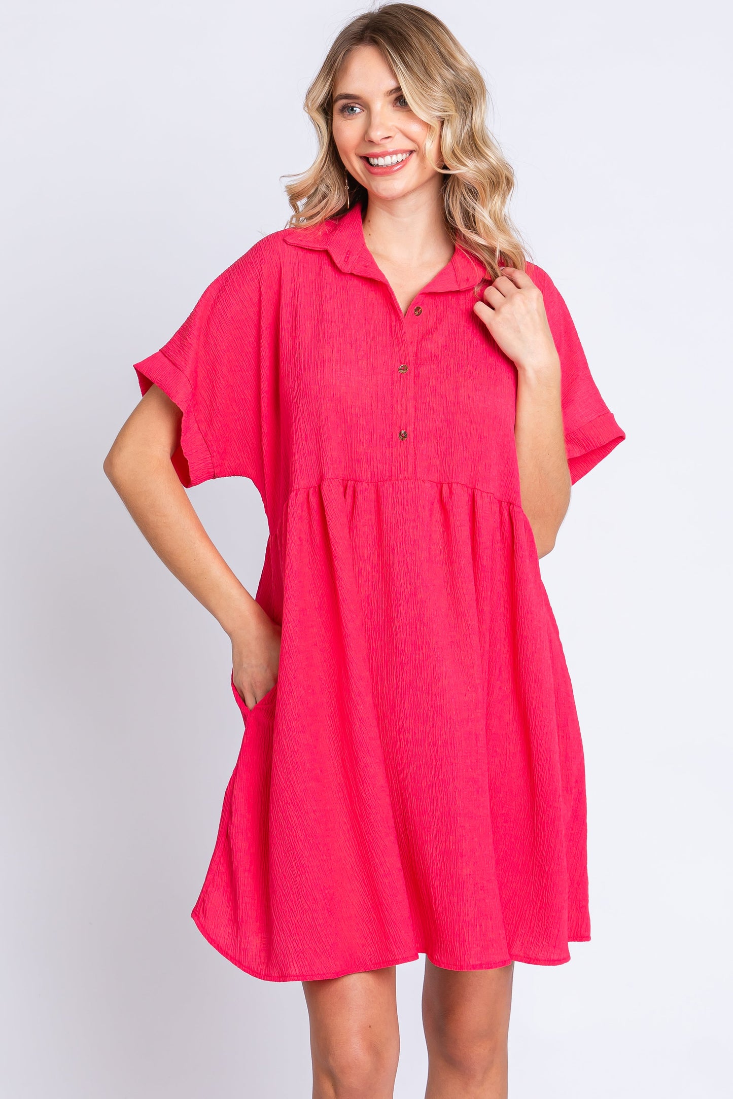 Coral Collared Button Front Short Sleeve Maternity Dress