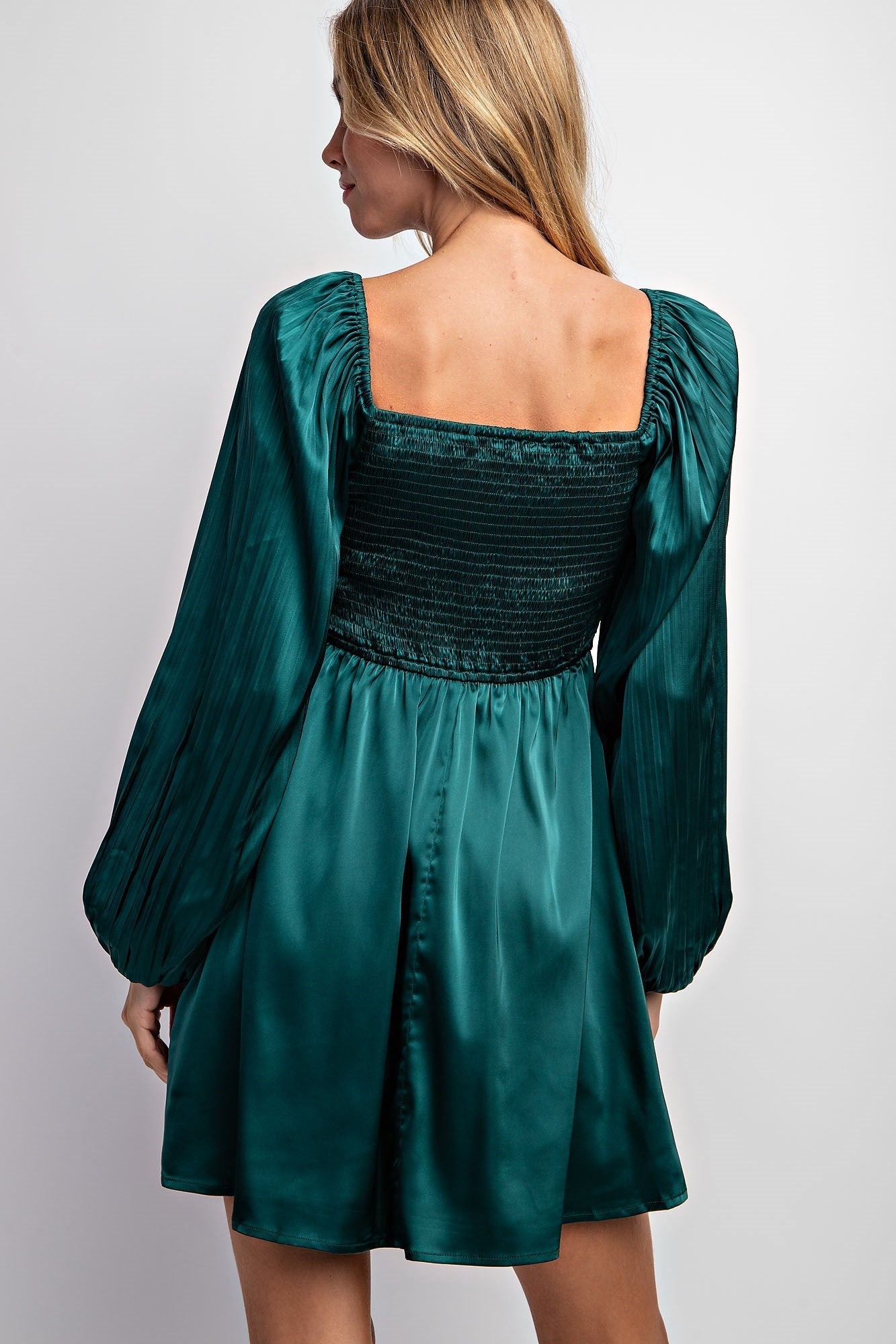 Hunter Green Pleated Bubble Sleeve Satin Mini Dress The Prissy Pelican Hunter Green Pleated Bubble Sleeve Satin Mini Dress The Prissy Pelican