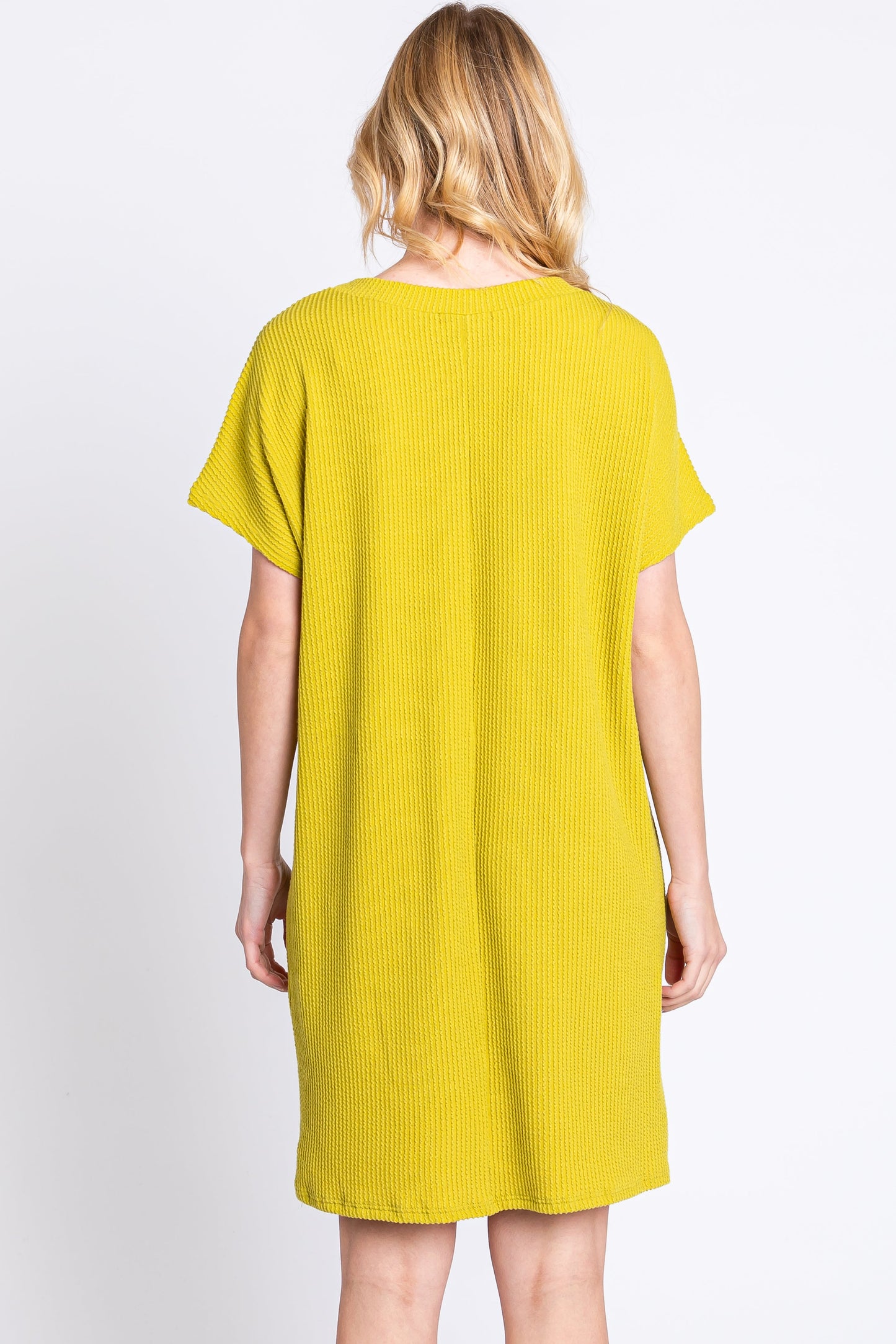 Lime Ribbed Front Pocket Dolman Short Sleeve Dress