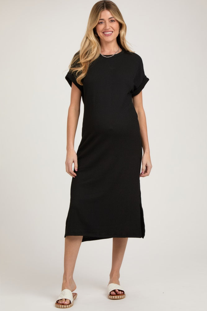 Black Ribbed Short Sleeve Maternity Midi Dress Black Ribbed Short Sleeve Maternity Midi Dress