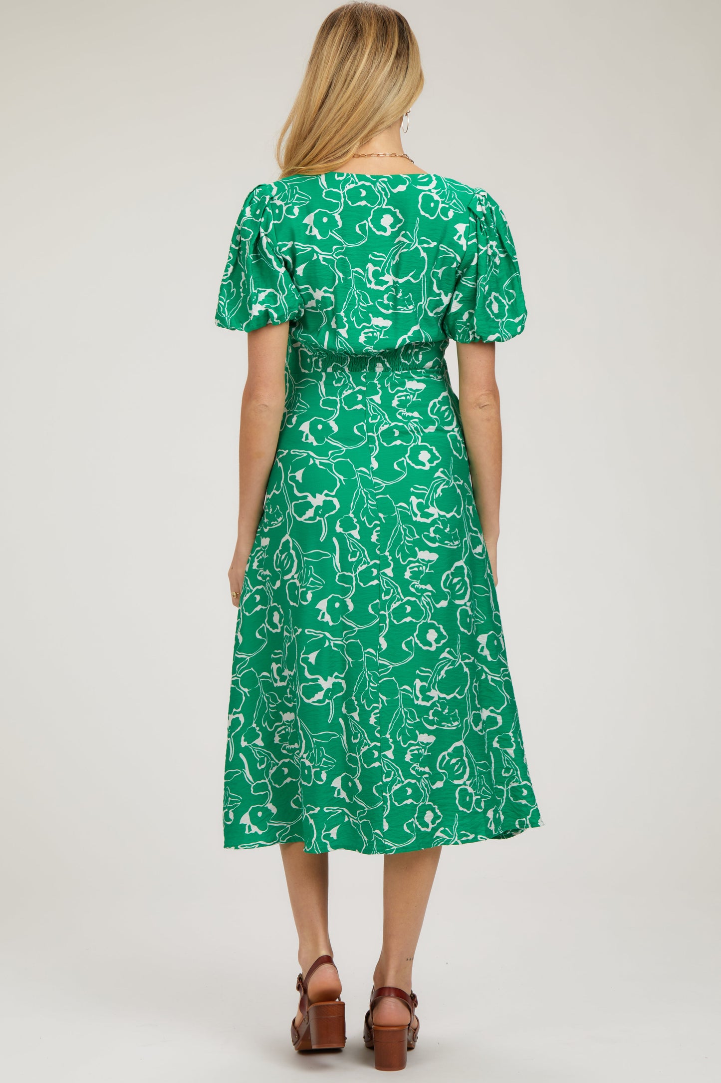 Green Floral Button Front Short Sleeve Maternity Midi Dress
