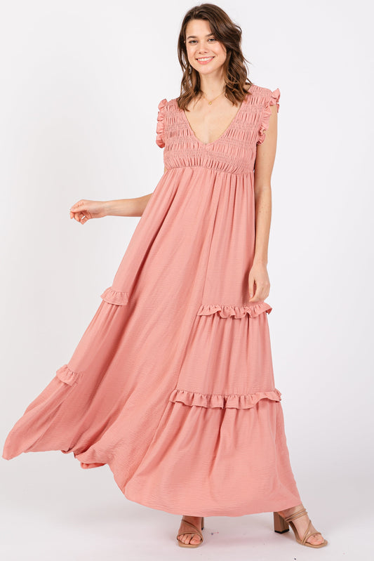Mauve Smocked Ruffle V-Neck Maxi Dress