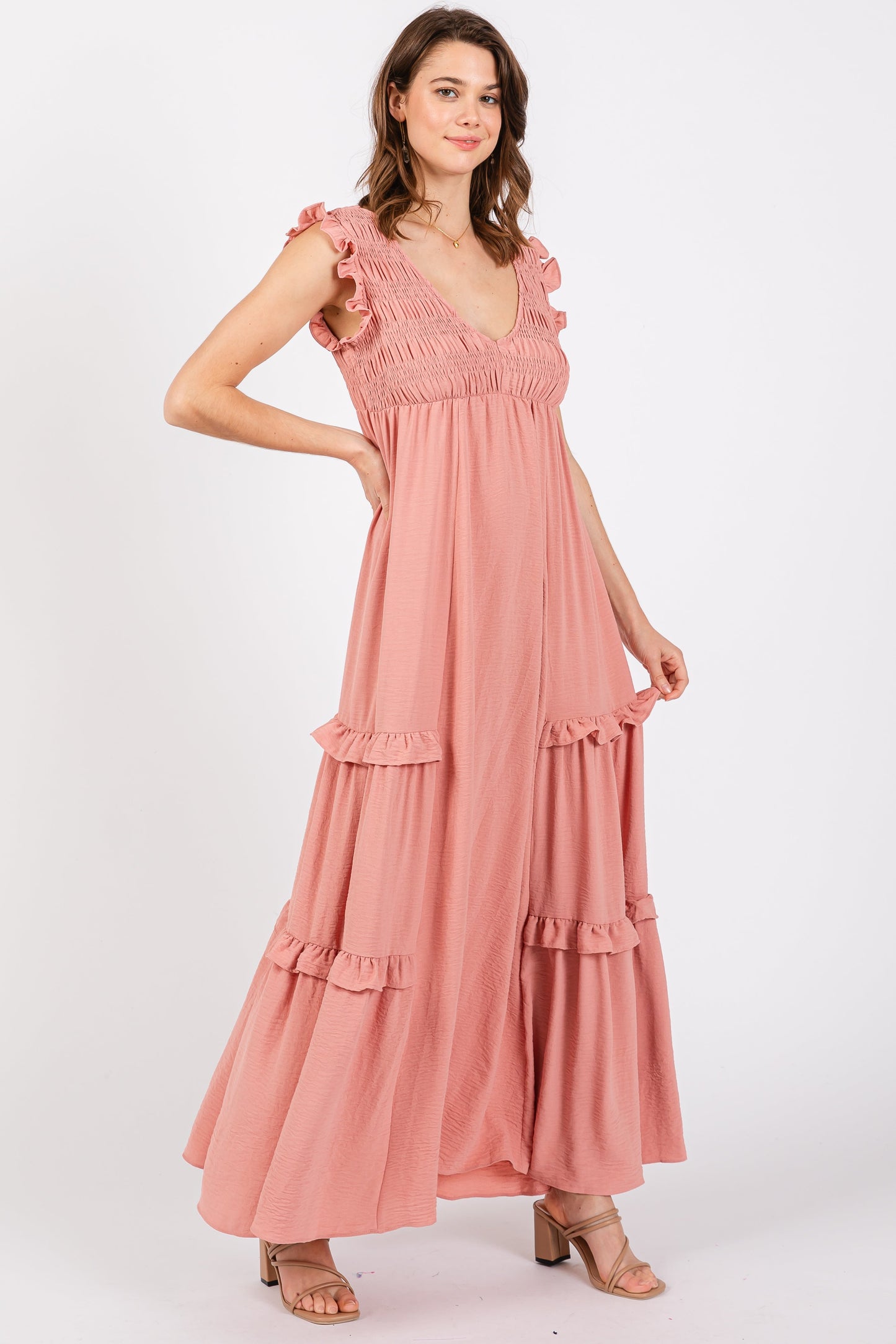 Mauve Smocked Ruffle V-Neck Maxi Dress
