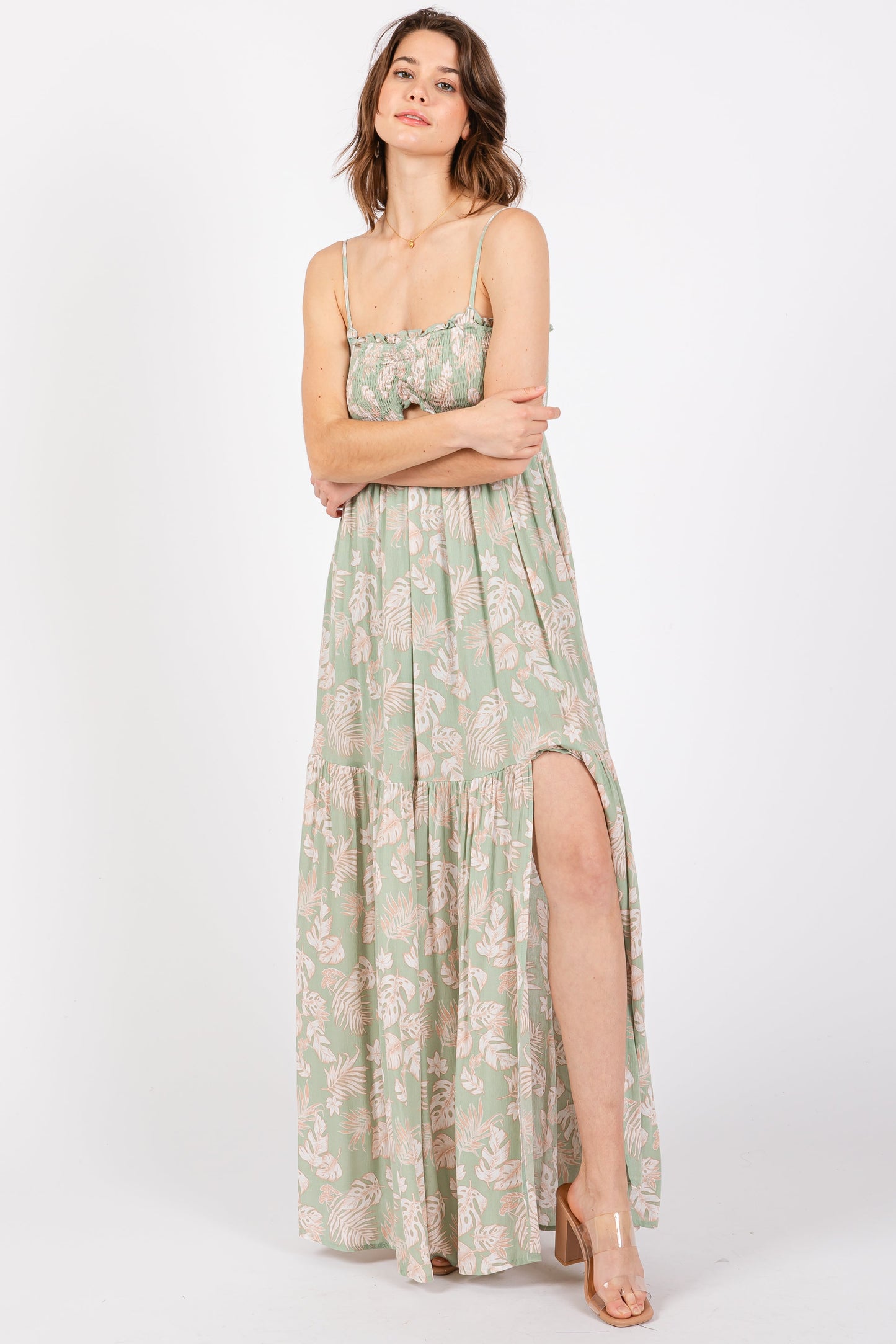 Light Olive Floral Sweetheart Smocked Front Cutout Maxi Dress