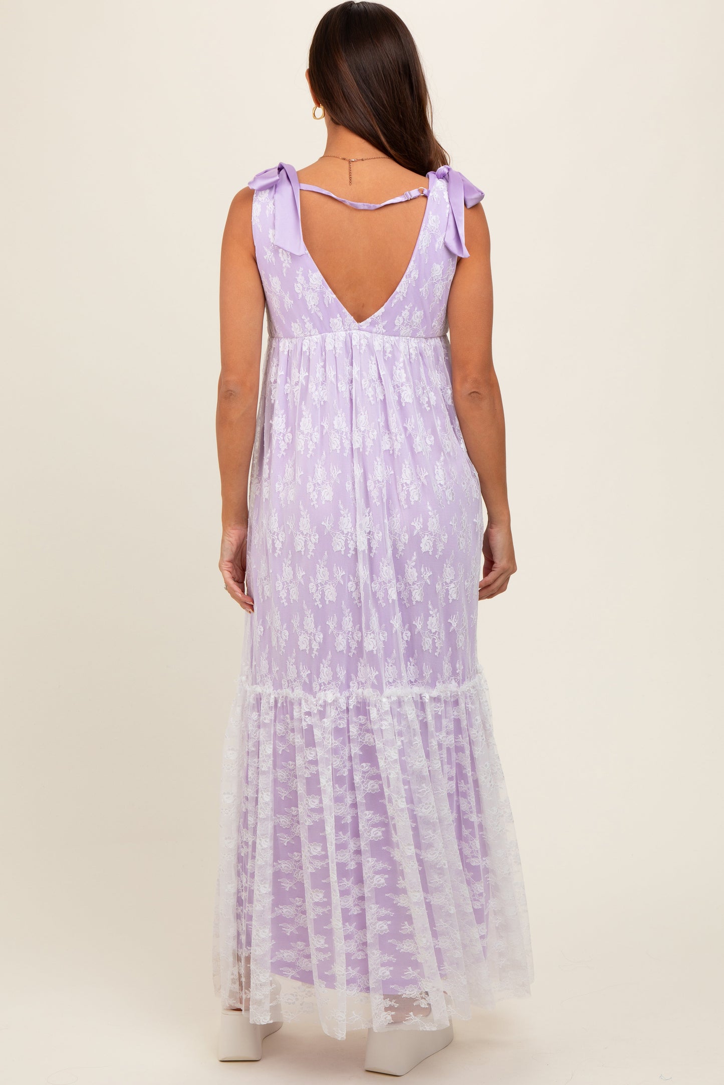 Lavender V-Neck Satin Tie Lace Overlay Maternity Maxi Dress