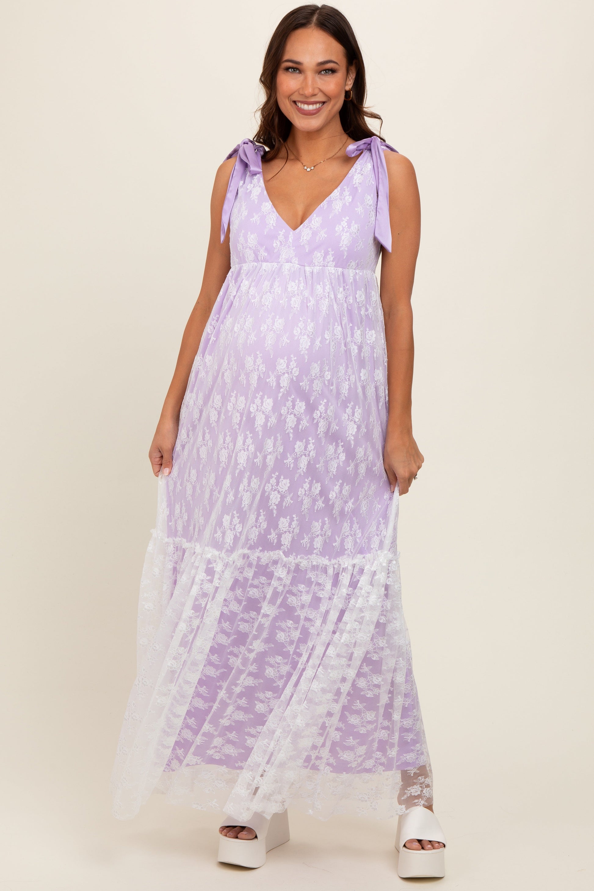 Lavender V-Neck Satin Tie Lace Overlay Maternity Maxi Dress Lavender V-Neck Satin Tie Lace Overlay Maternity Maxi Dress