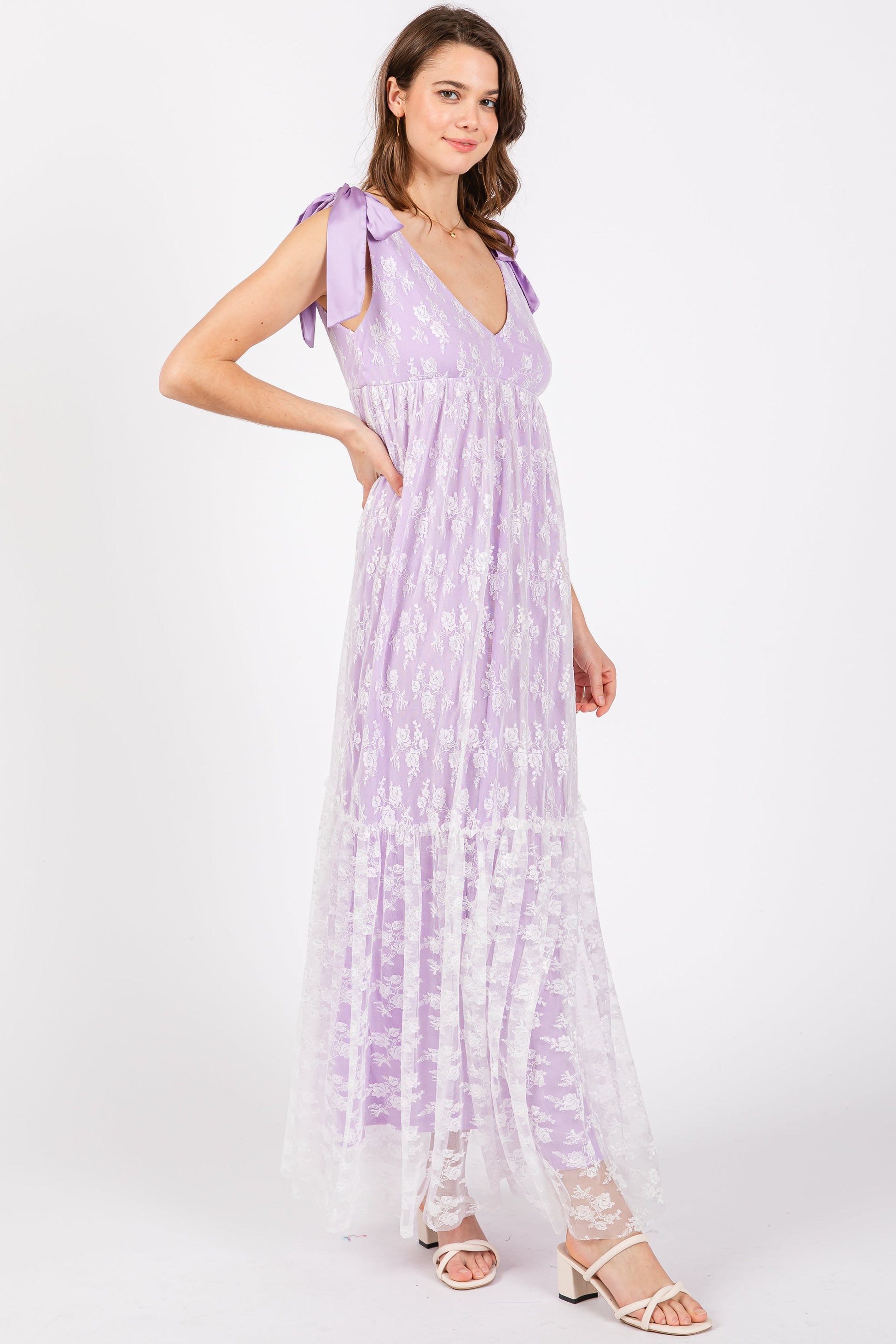 Lavender V-Neck Satin Tie Lace Overlay Maxi Dress The Prissy Pelican Lavender V-Neck Satin Tie Lace Overlay Maxi Dress The Prissy Pelican