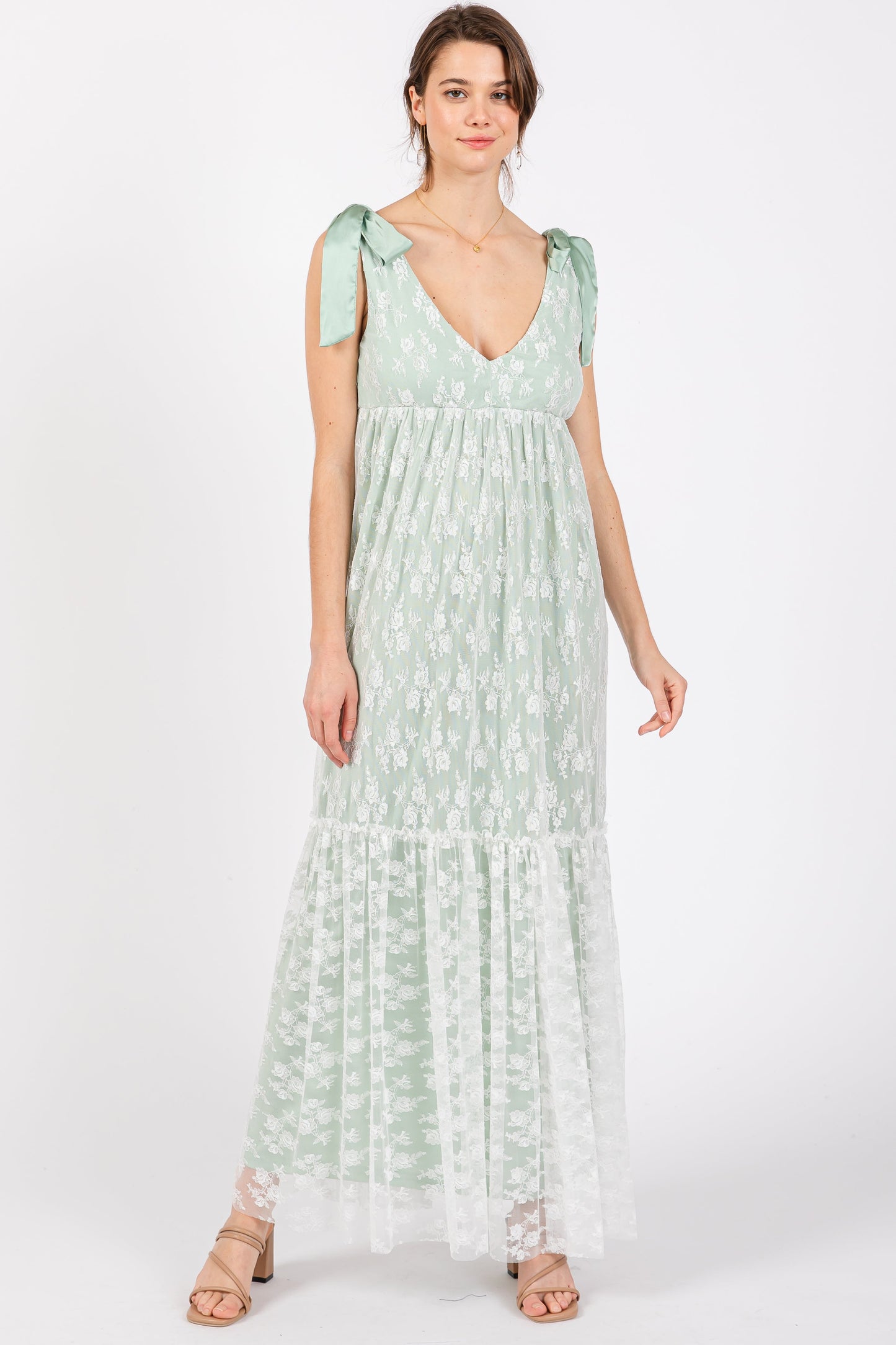 Light Olive V-Neck Satin Tie Lace Overlay Maternity Maxi Dress