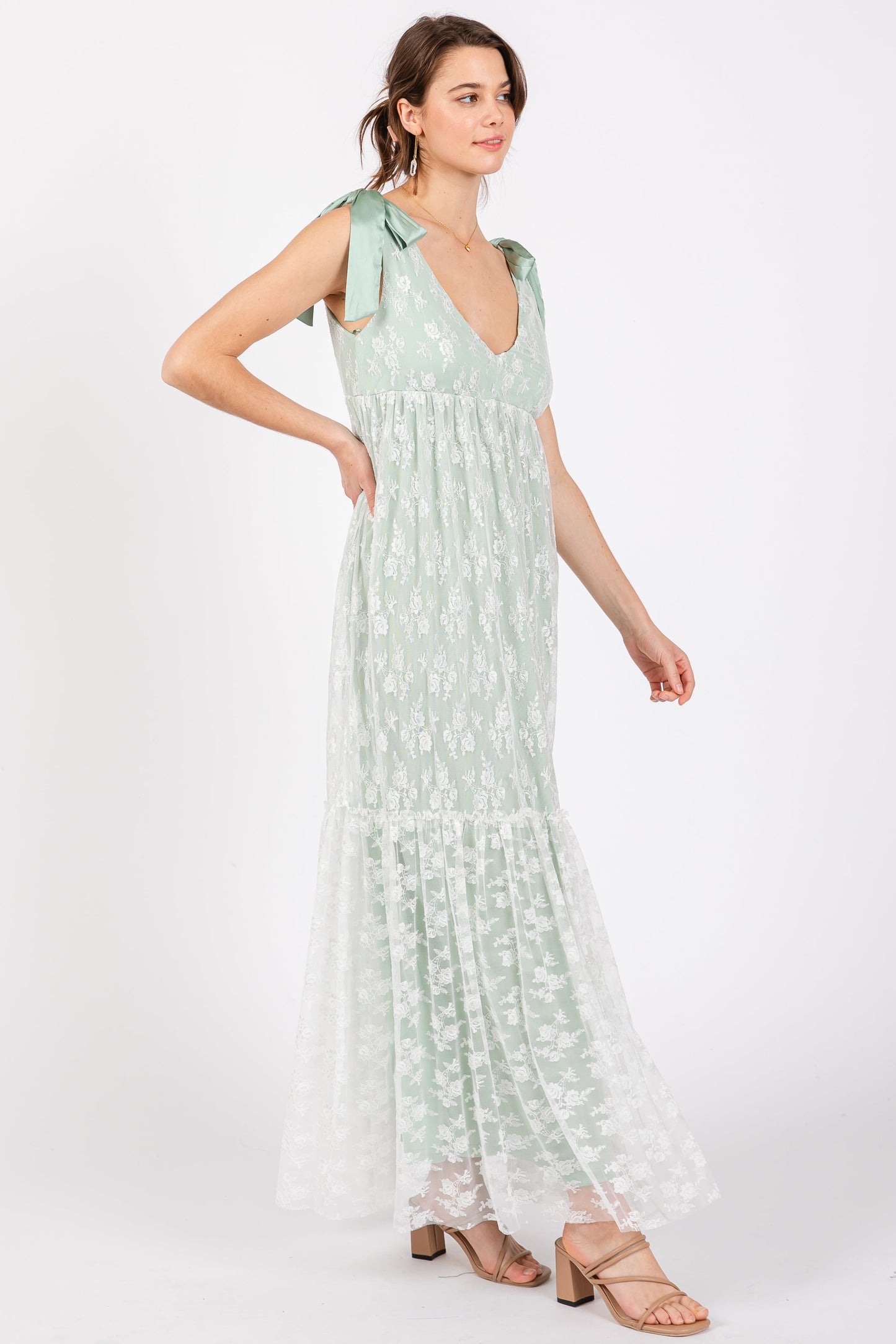 Light Olive V-Neck Satin Tie Lace Overlay Maxi Dress