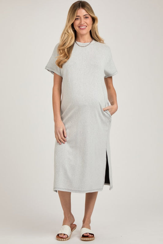 Grey Ribbed Short Dolman Sleeve Side Slit Maternity Midi Dress