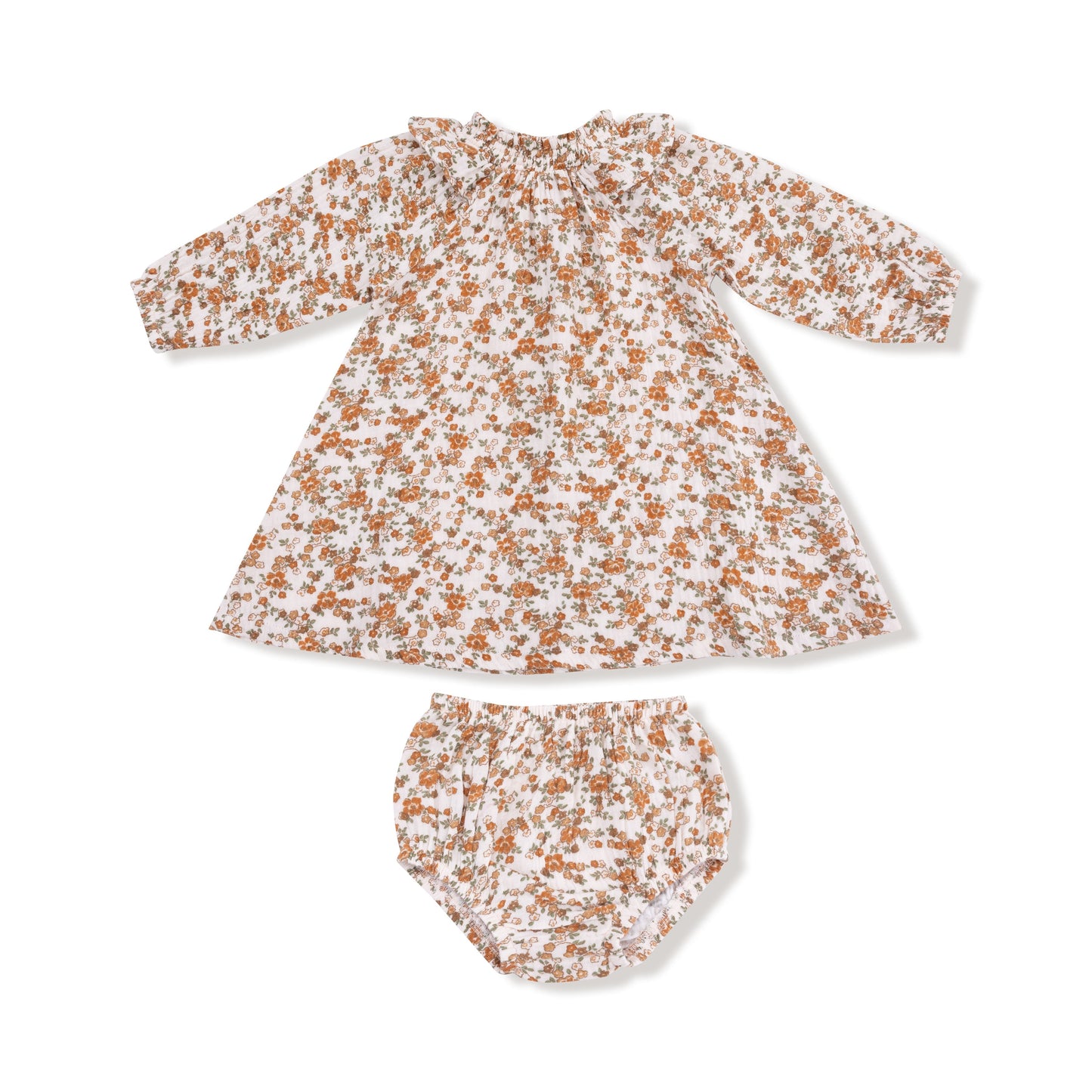 Prairie Calico - Long Sleeve Ruffle Smocked Neck Dress + Diaper Cover