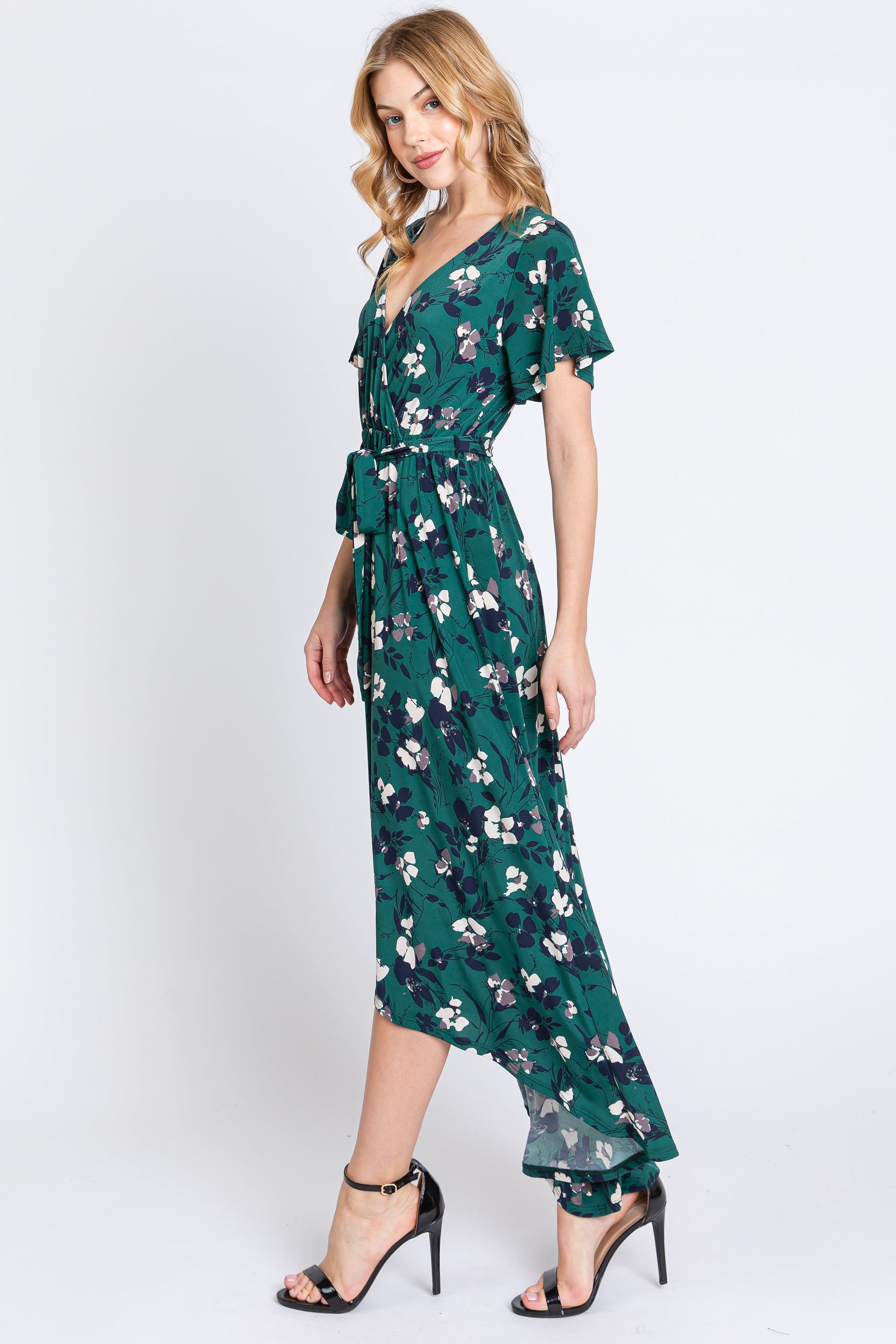 Forest Green Floral Wrap Front V-Neck Hi-Low Maternity Midi Dress Forest Green Floral Wrap Front V-Neck Hi-Low Maternity Midi Dress