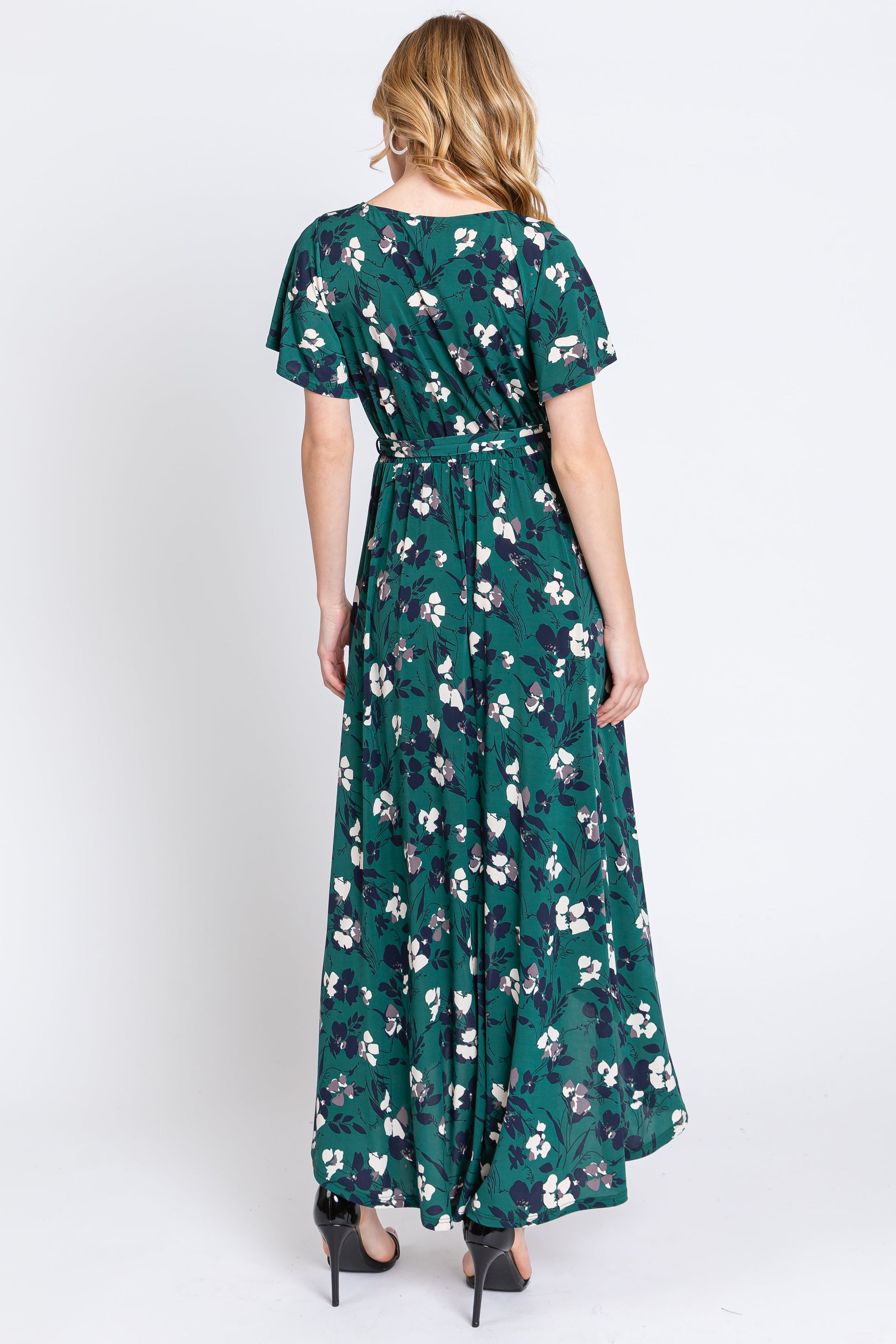 Forest Green Floral Wrap Front V-Neck Hi-Low Maternity Midi Dress Forest Green Floral Wrap Front V-Neck Hi-Low Maternity Midi Dress